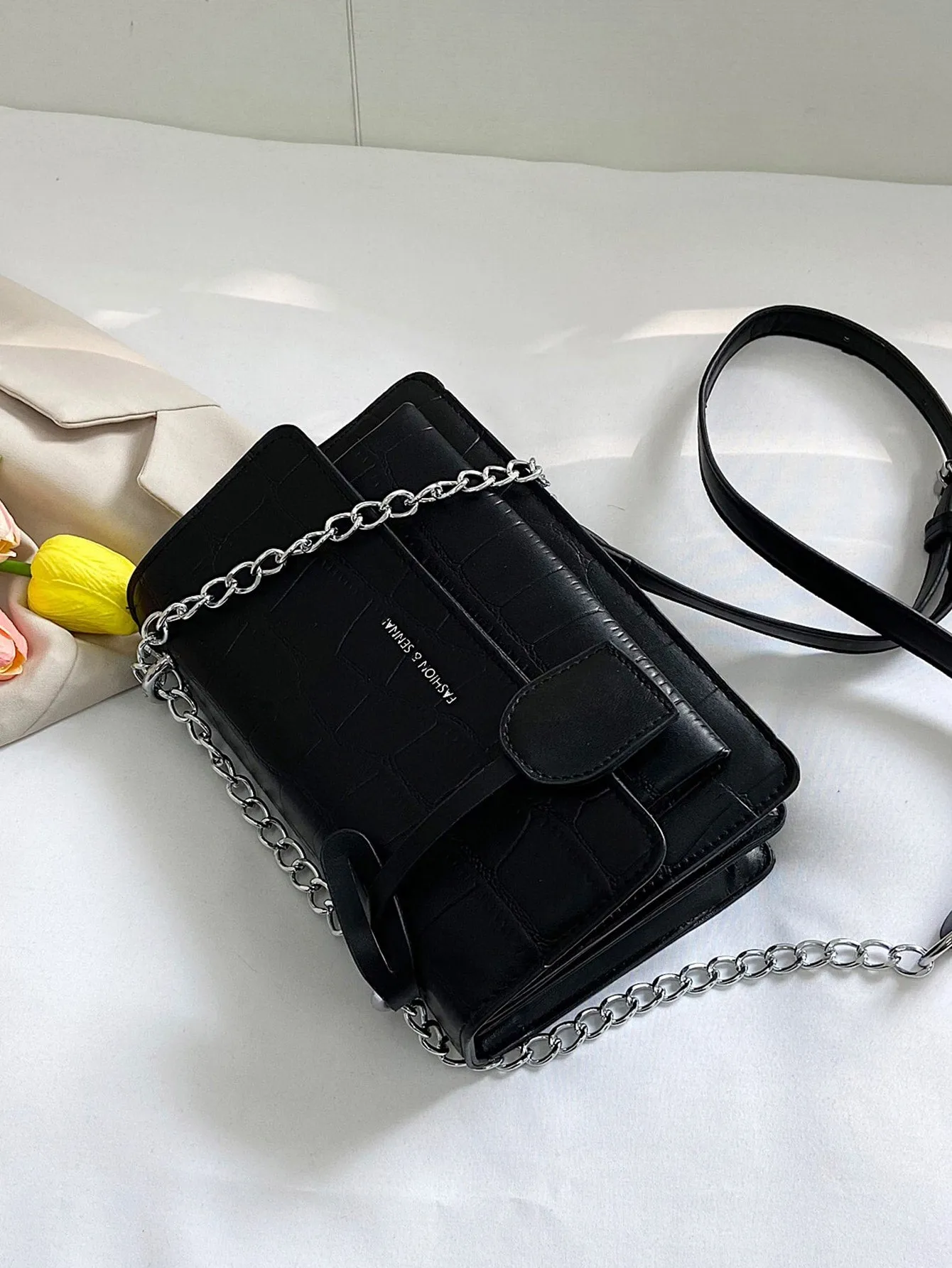 Croc Embossed Chain Flap Crossbody Bag