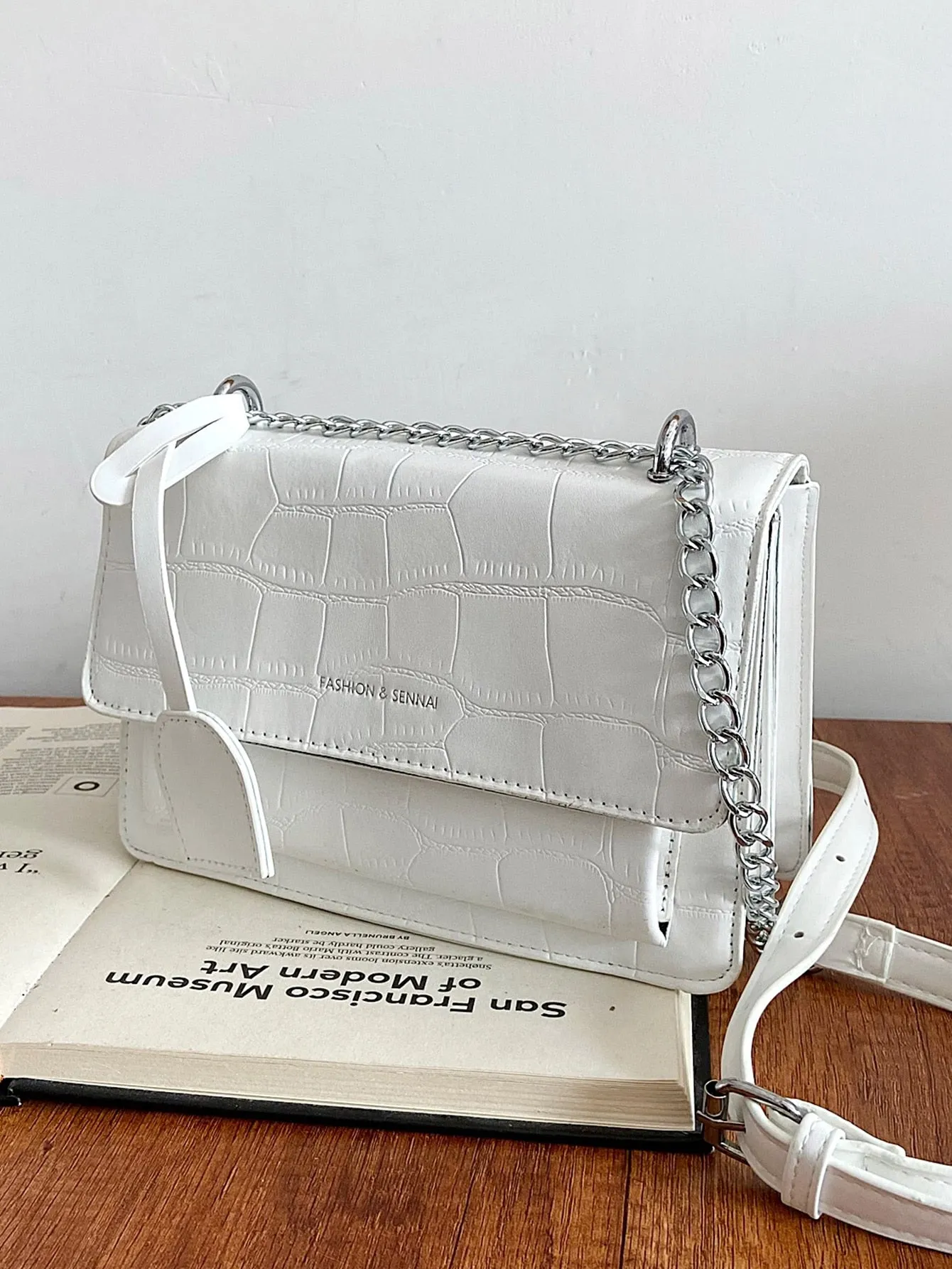 Croc Embossed Chain Flap Crossbody Bag