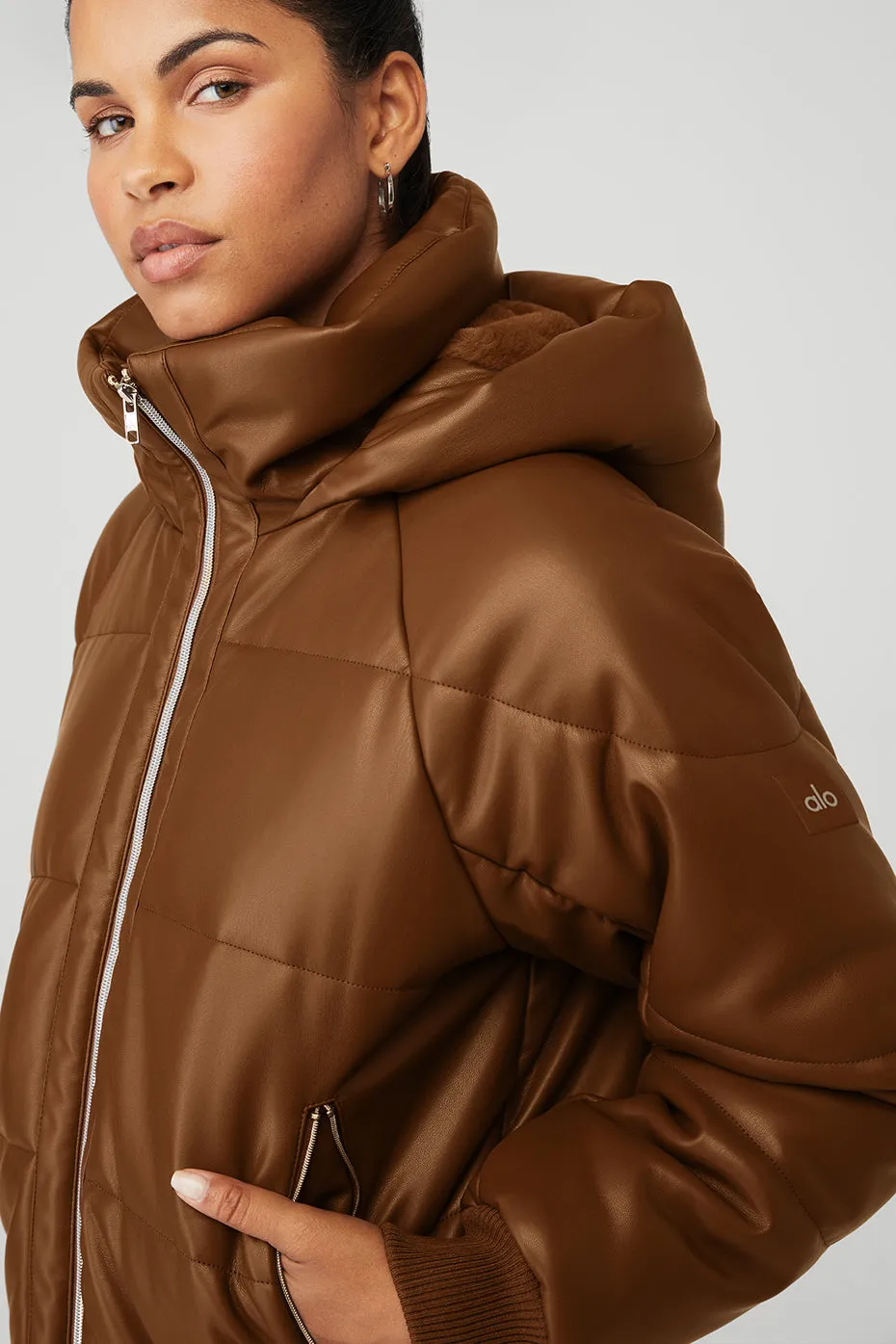 Faux Leather Boss Puffer - Cinnamon Brown