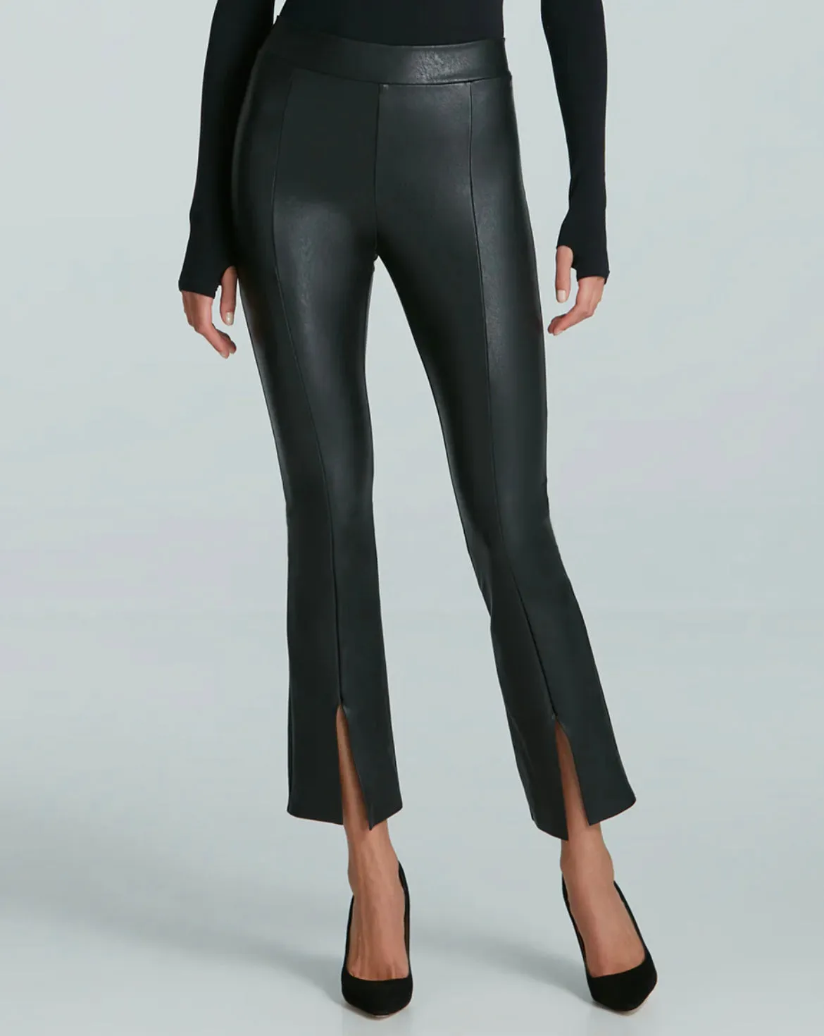 Faux Leather Split-Front Pant in Black