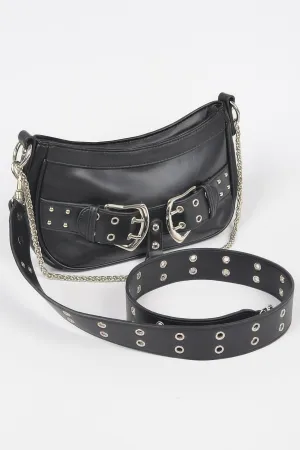 Faux Leather Studded Buckles & Chains Shoulder Bag