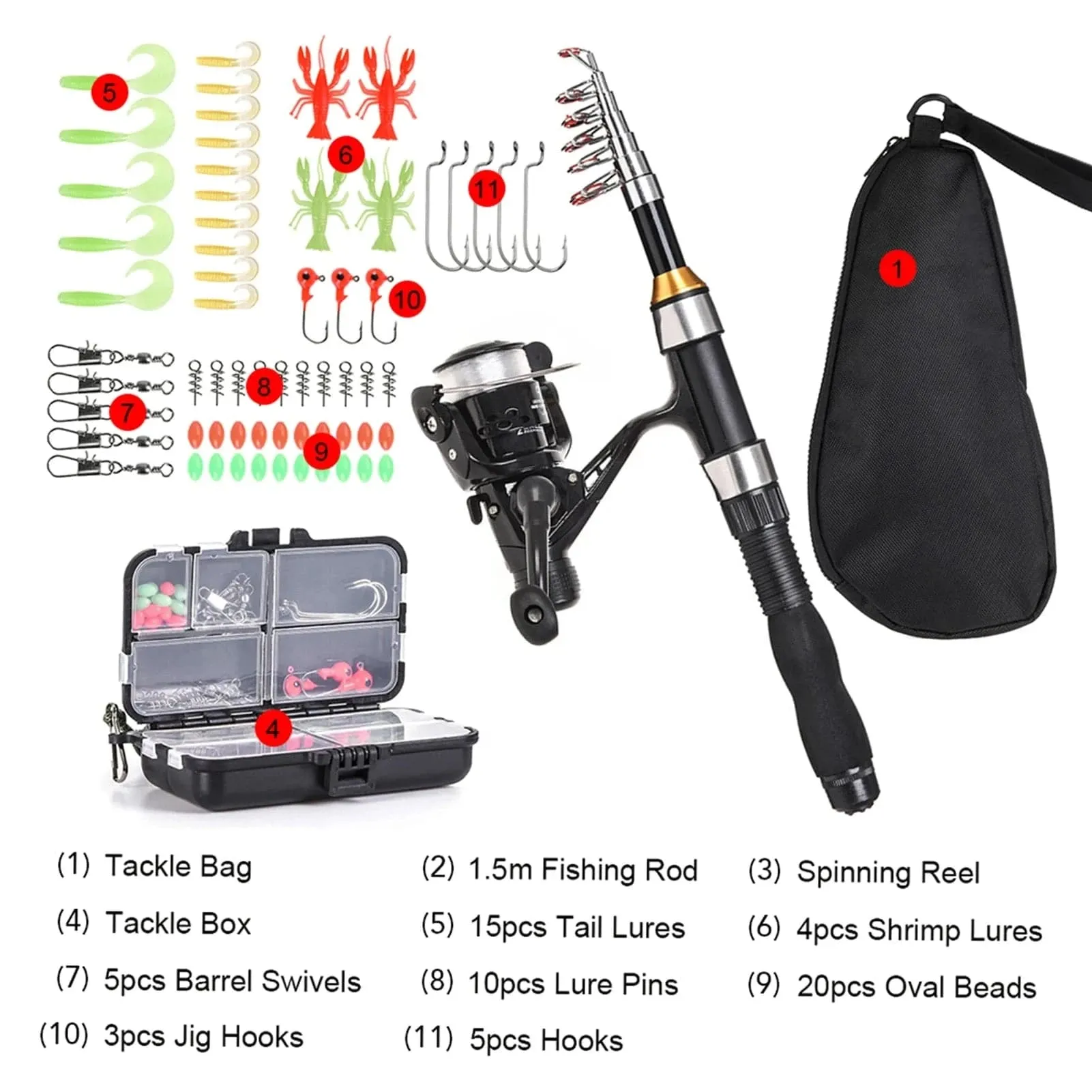 Fishing Rod Reel Combo Full Kit 1.5m Telescopic Fishing Rod Spinning Reel Set with Hooks Soft Lures Barrel Swivels Storage Bag