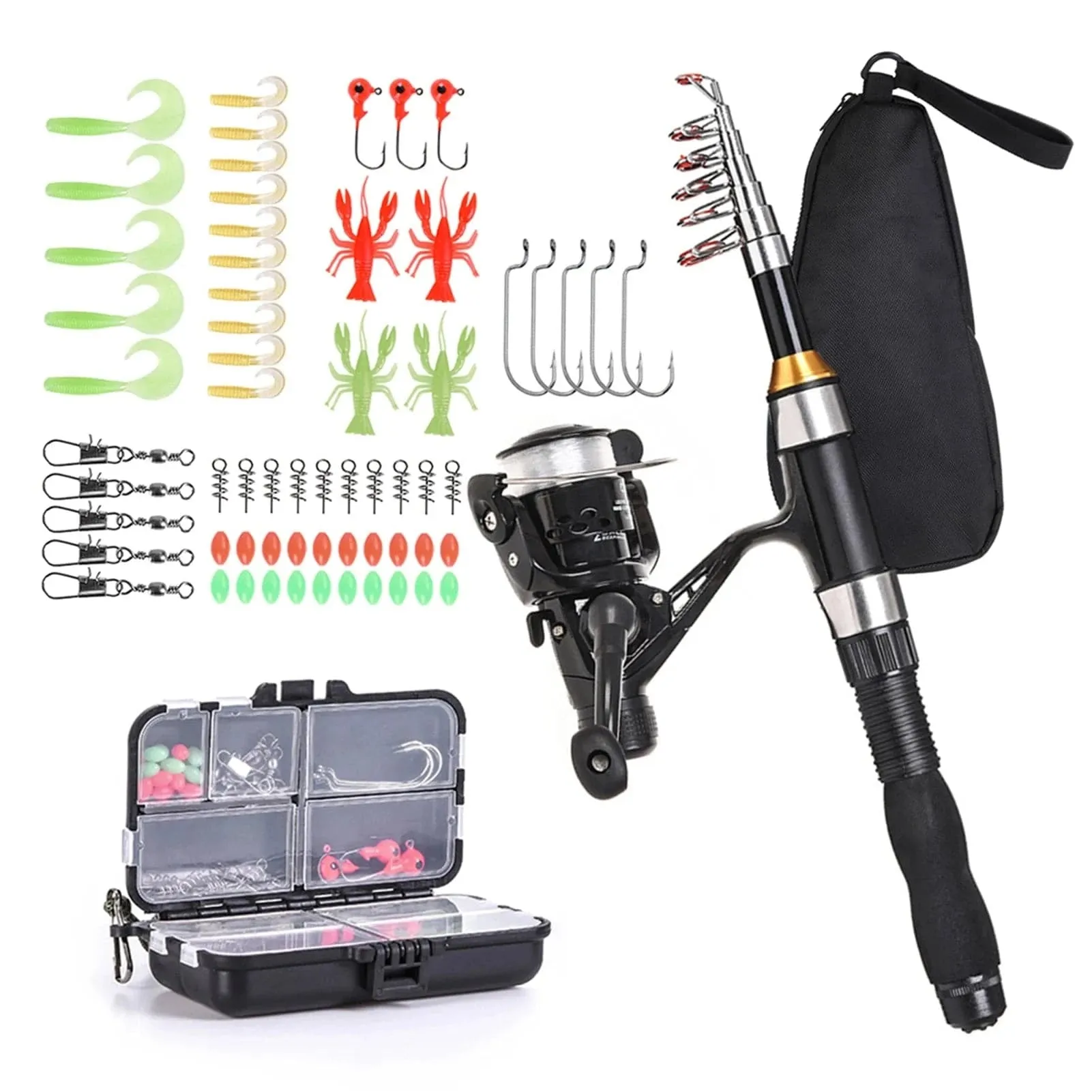 Fishing Rod Reel Combo Full Kit 1.5m Telescopic Fishing Rod Spinning Reel Set with Hooks Soft Lures Barrel Swivels Storage Bag