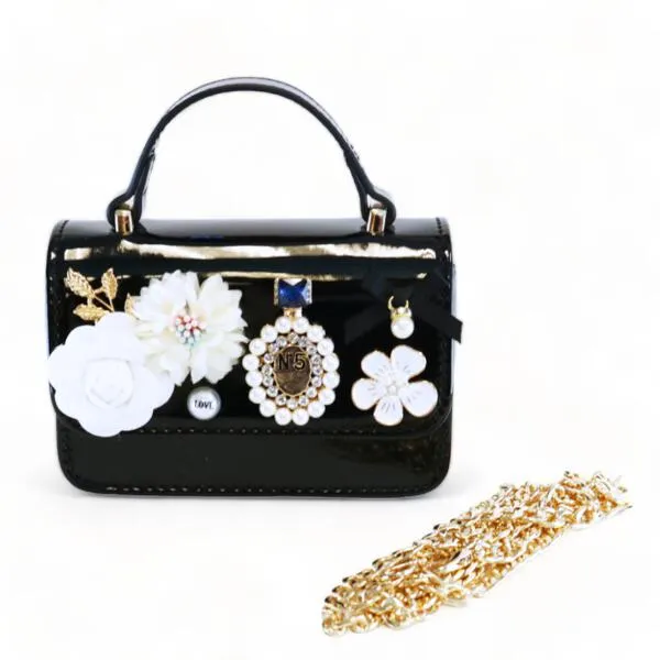 Floral & Charms Patent Leather Purse - Black