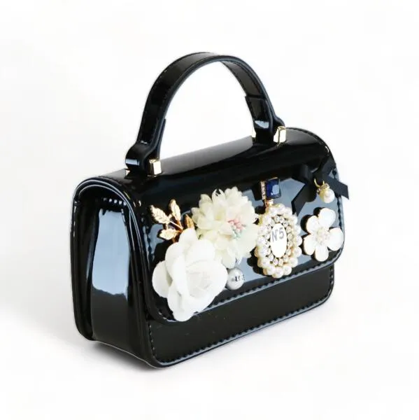 Floral & Charms Patent Leather Purse - Black