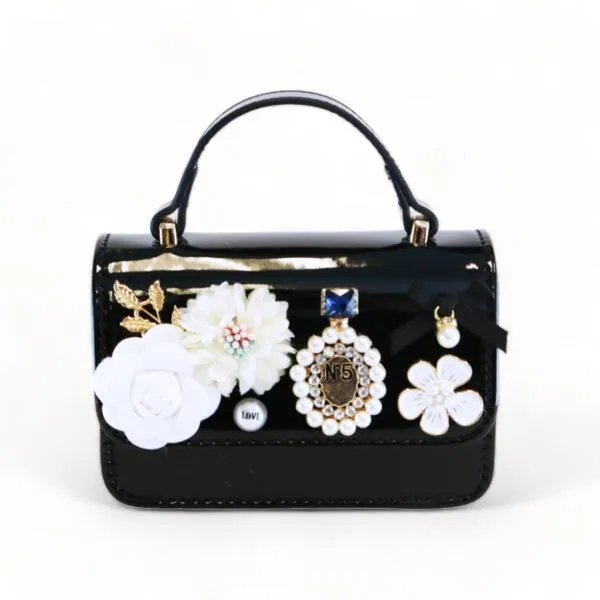 Floral & Charms Patent Leather Purse - Black