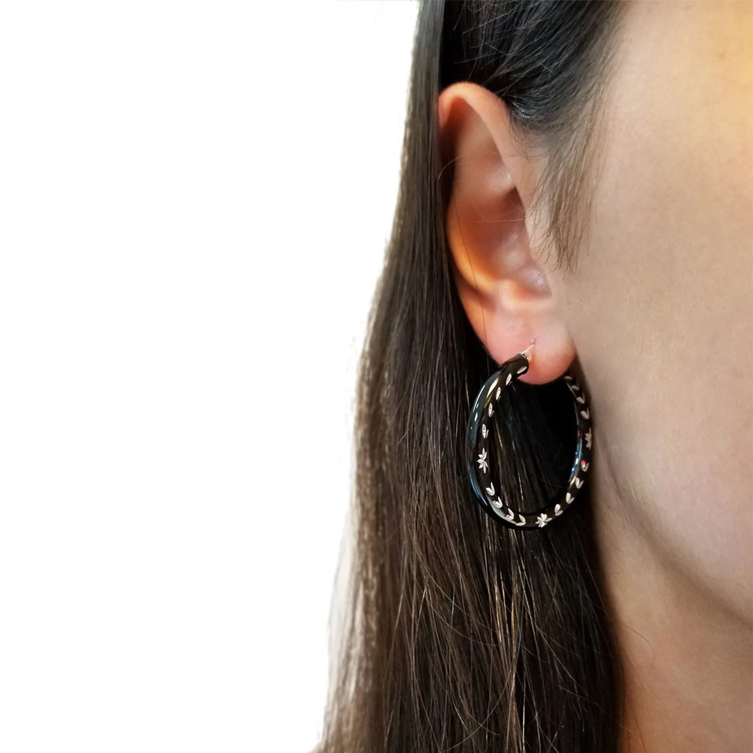 Glossy Black Floral Diamond Cut Hoop Earrings in Sterling Silver