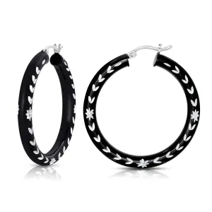 Glossy Black Floral Diamond Cut Hoop Earrings in Sterling Silver