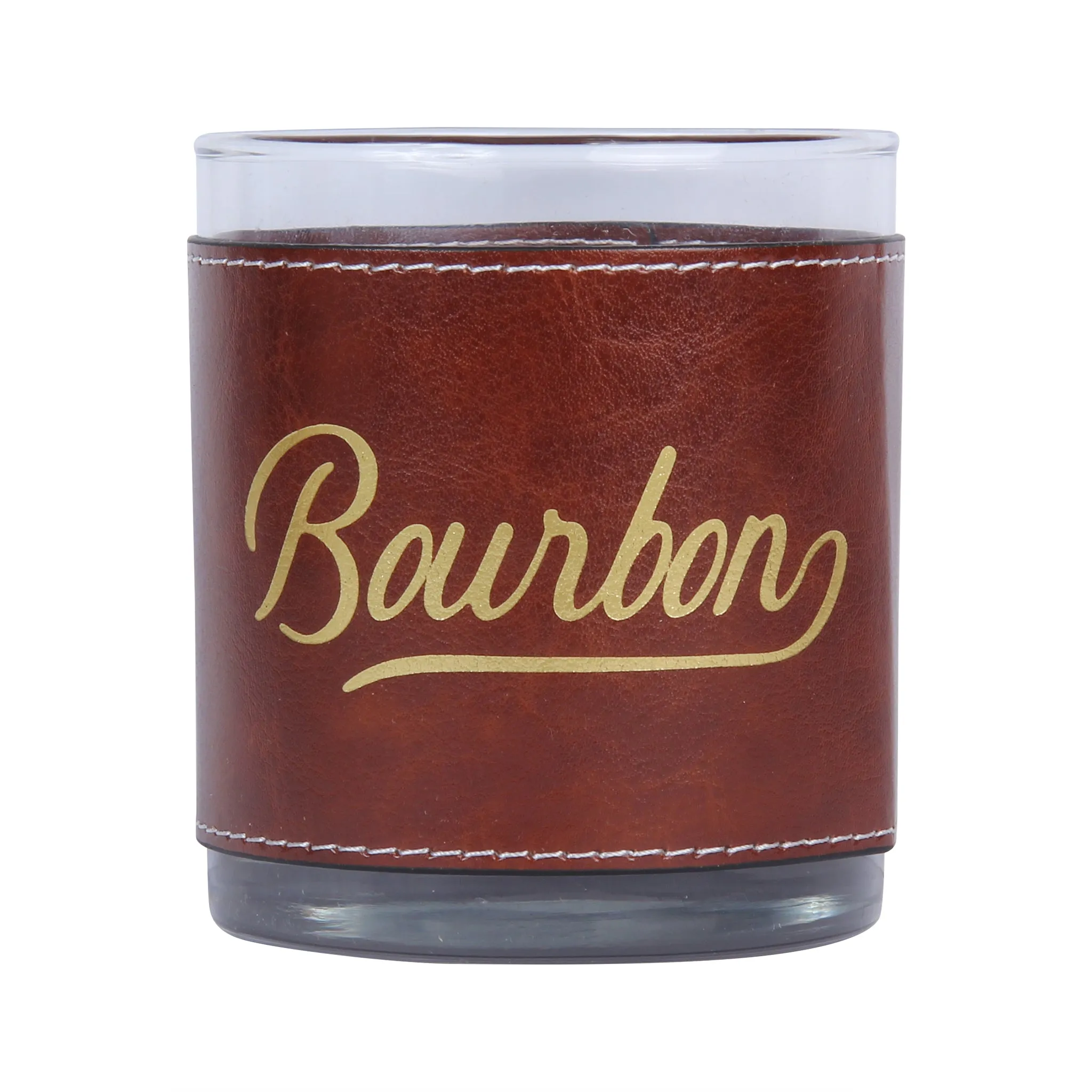 Gold Bourbon Script Faux Leather Rocks Glass