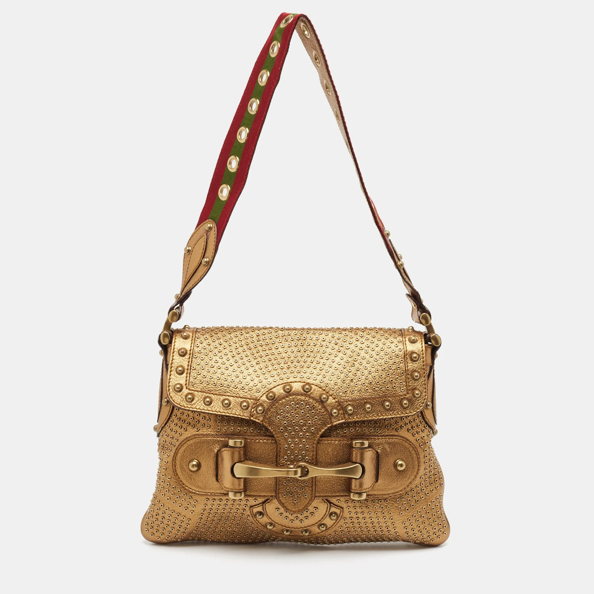 Gold Leather Studded Pelham Runaway Flap Shoulder Bag