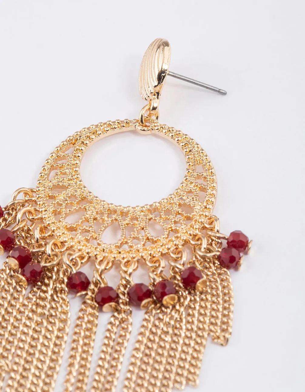 Gold Red Beaded Tassel Drop Chandbali Earrings