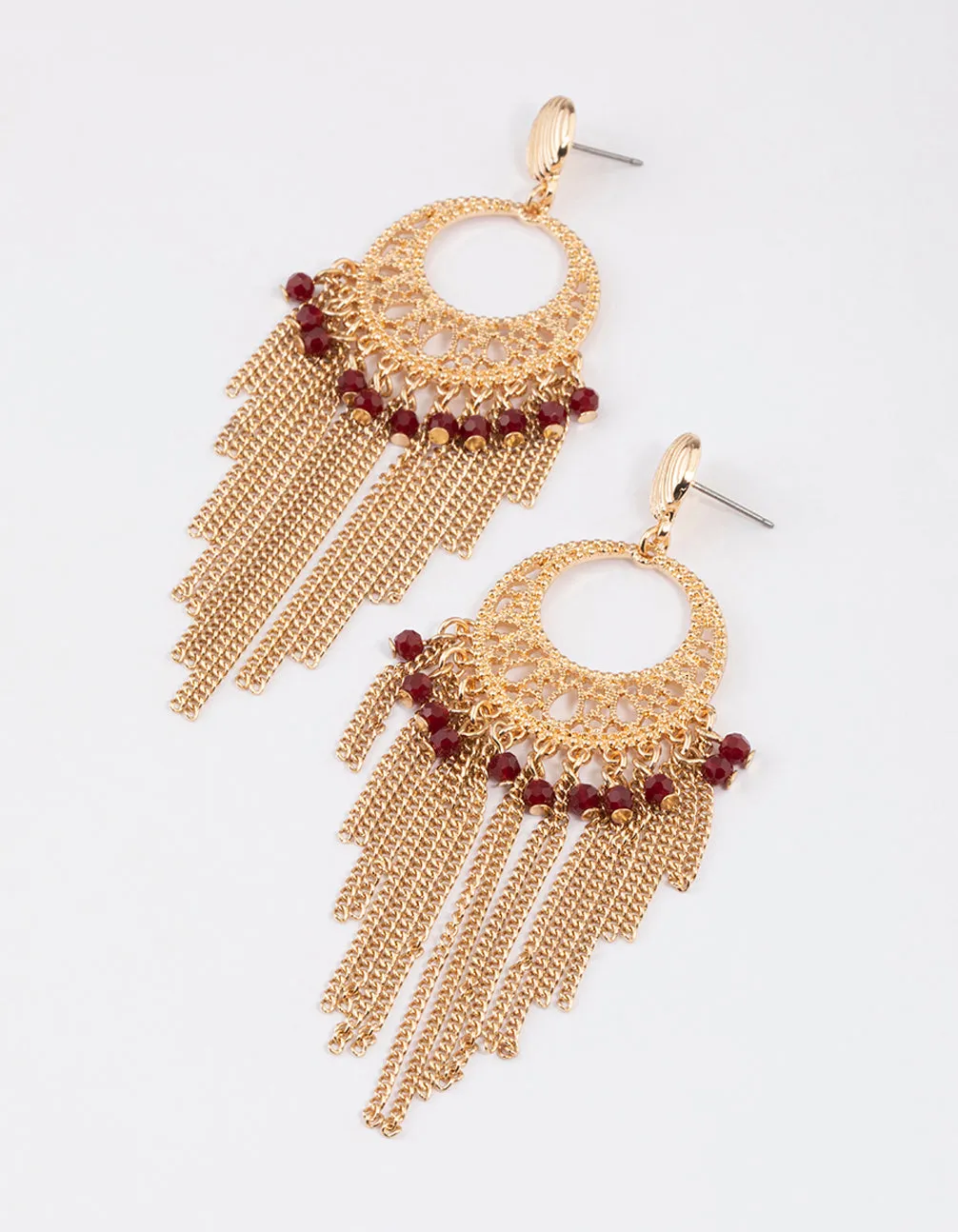 Gold Red Beaded Tassel Drop Chandbali Earrings