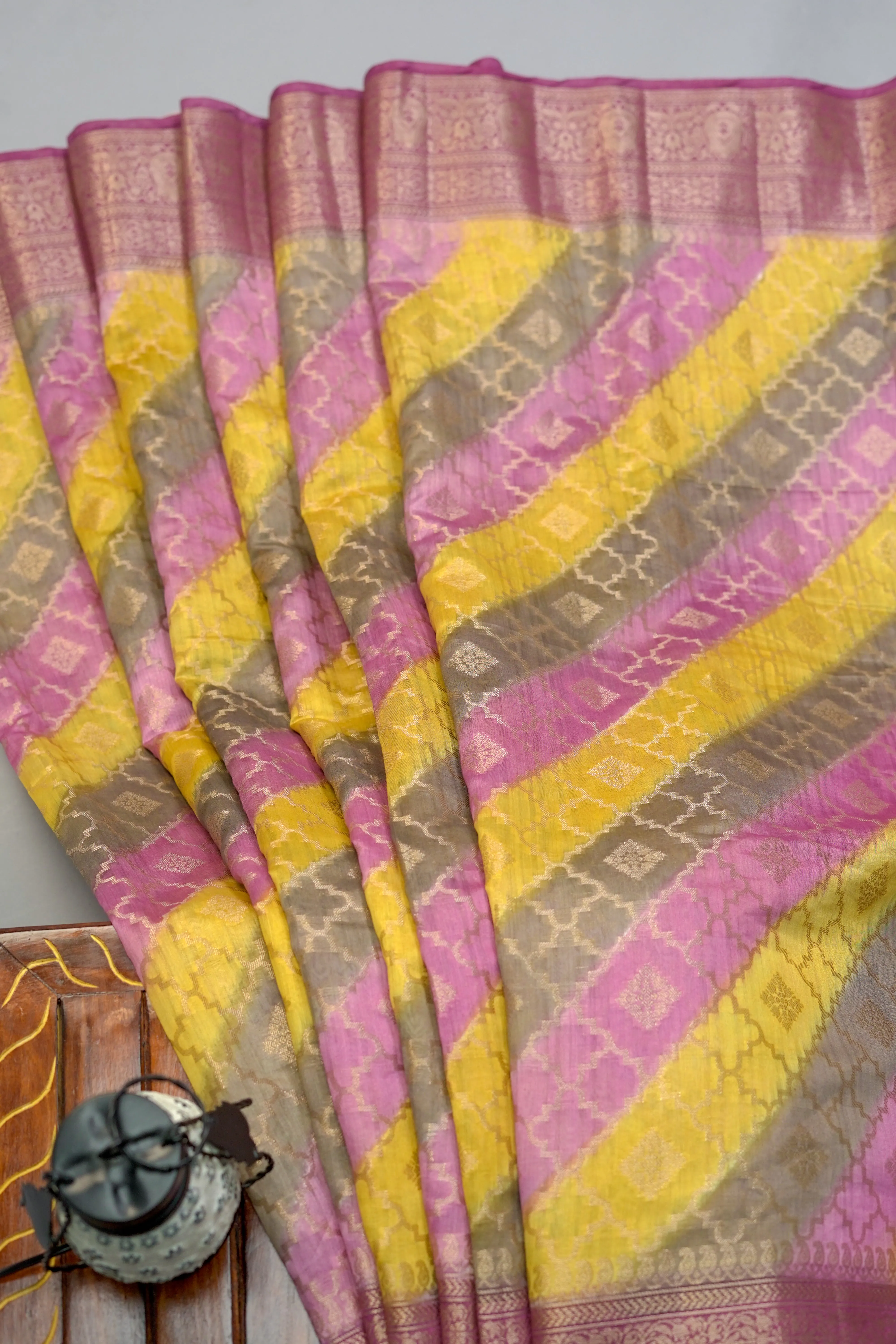 Grey, Violet, Yellow Chanderi Silk Saree