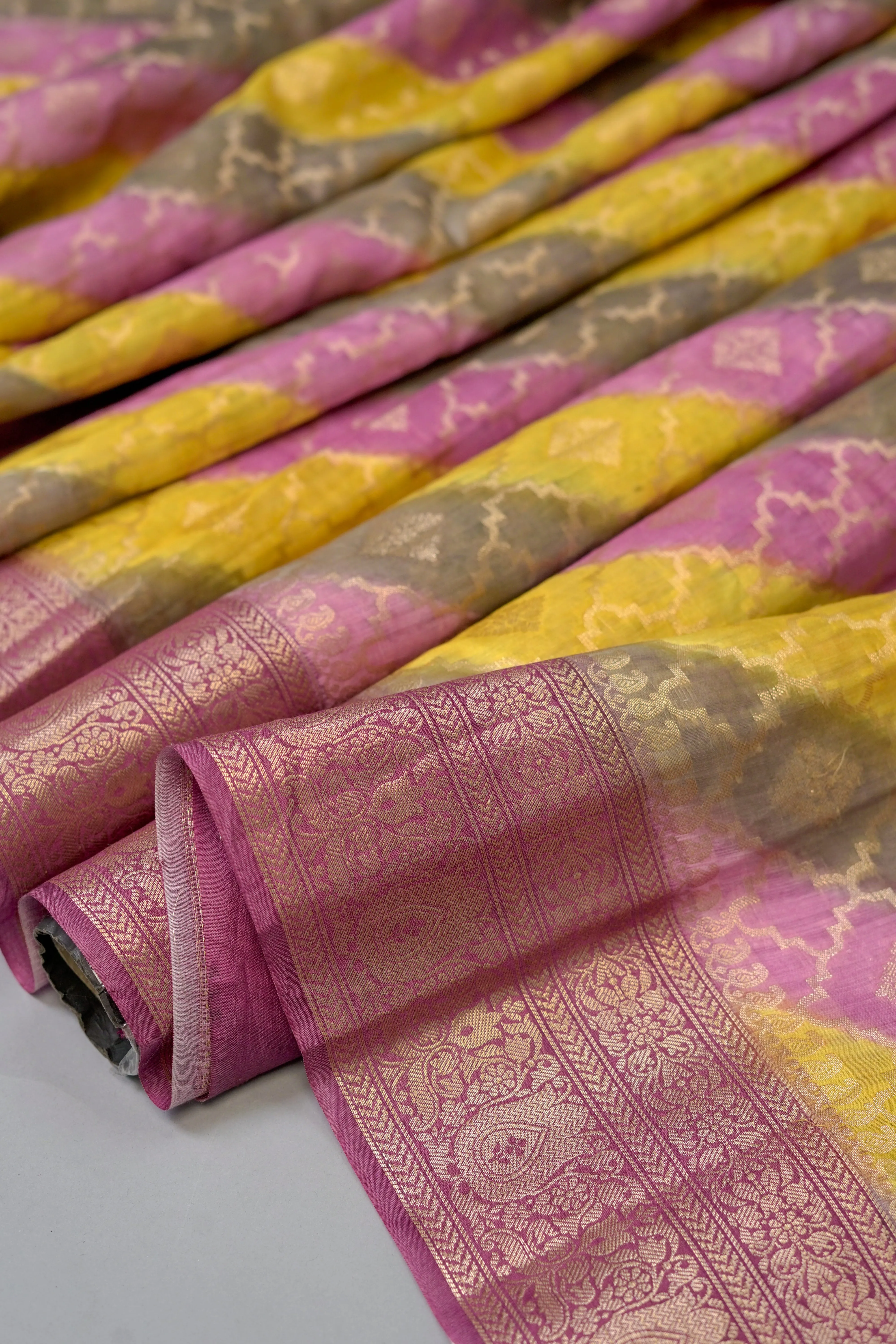 Grey, Violet, Yellow Chanderi Silk Saree