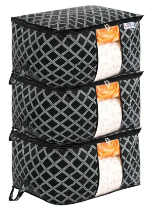 Heart Home Non-Woven Check Print Jumbo Underbed Storage Bag|Clothes Organizer For Clothes, Quilts, Blankets With Handle Pack of 3 (Black)