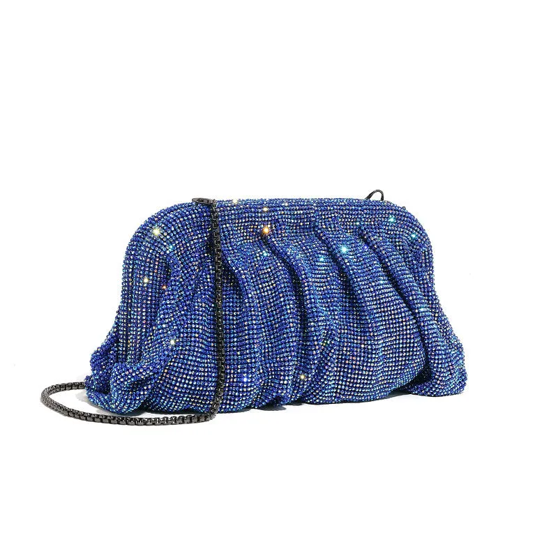 High Grade Diamond Studded by Hand Clutch Pleated Chain Rhinestone Cloud Clip Dinner Bag One Shoulder Crossbody Bag