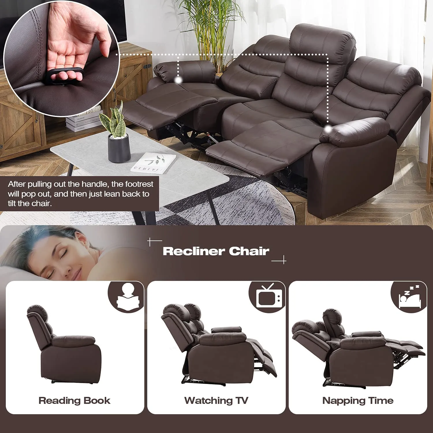 Homrest 3-Seater Manual Recliner Chair Set Home Theater Seating Reclining Sofa Couch, Brown