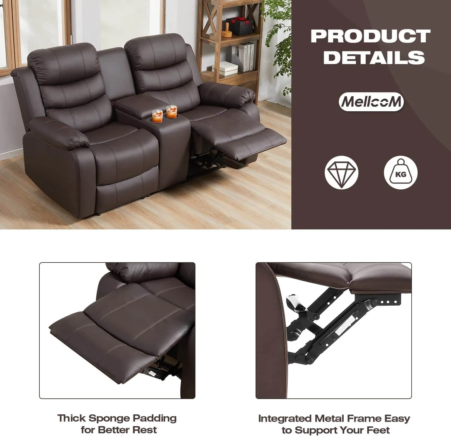 Homrest Manual Reclining Double Loveseat with Storage Console, Brown