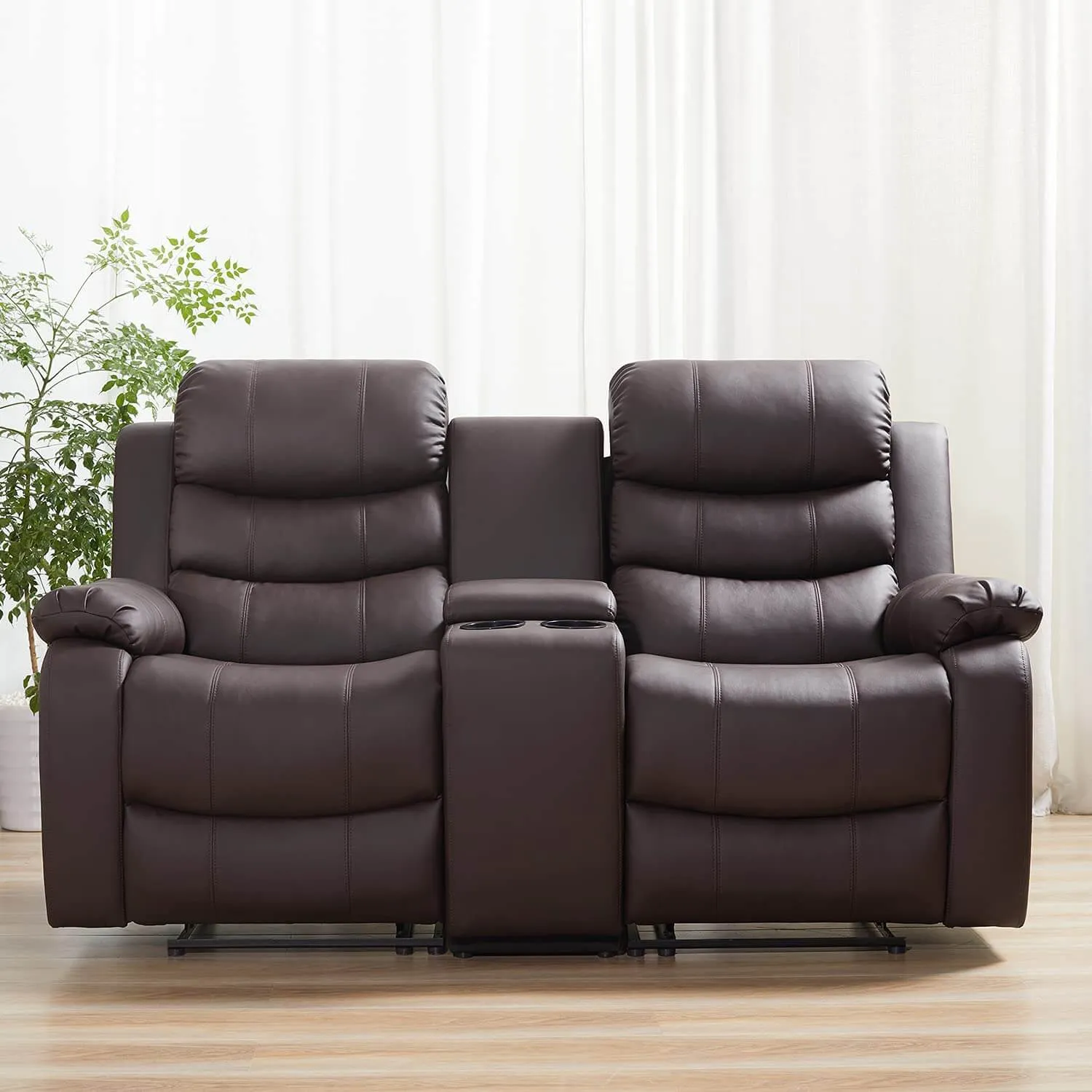 Homrest Manual Reclining Double Loveseat with Storage Console, Brown