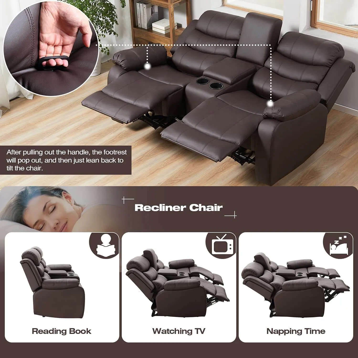 Homrest Manual Reclining Double Loveseat with Storage Console, Brown