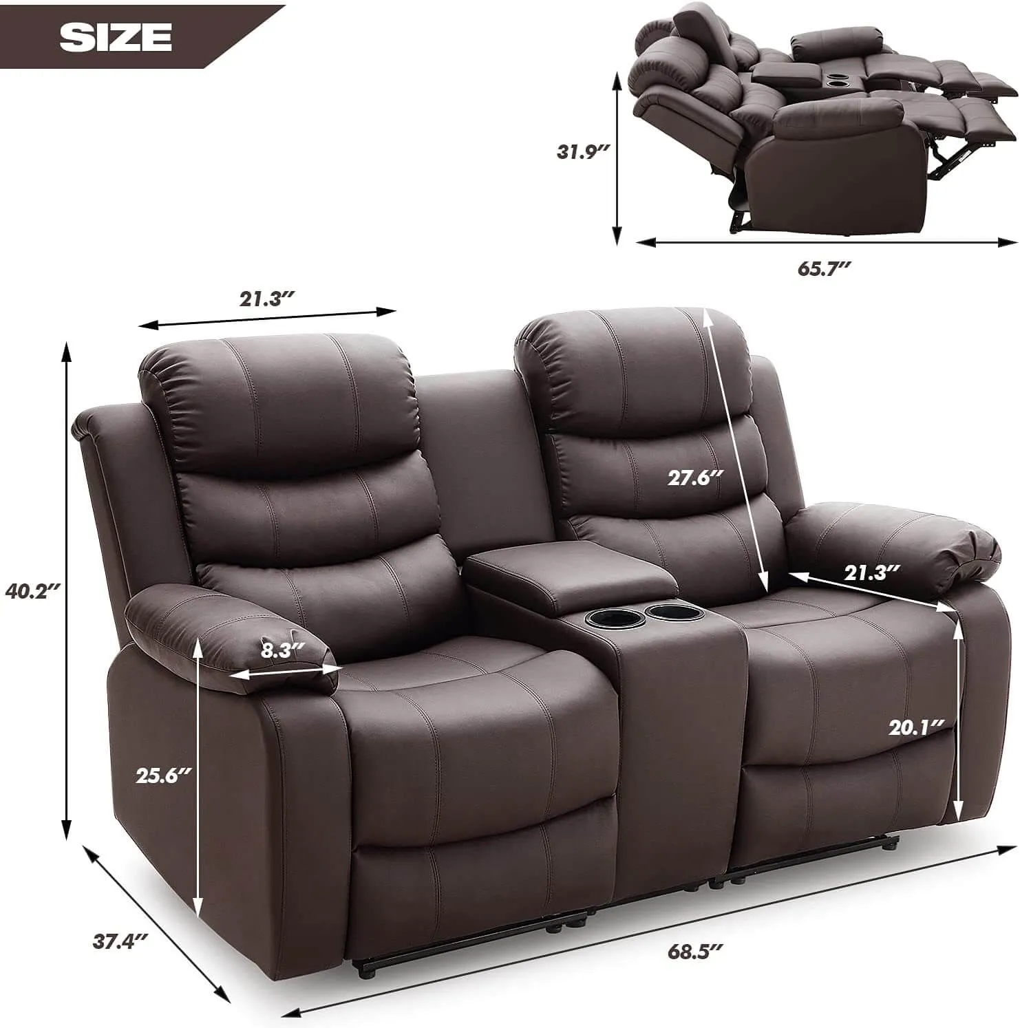 Homrest Manual Reclining Double Loveseat with Storage Console, Brown