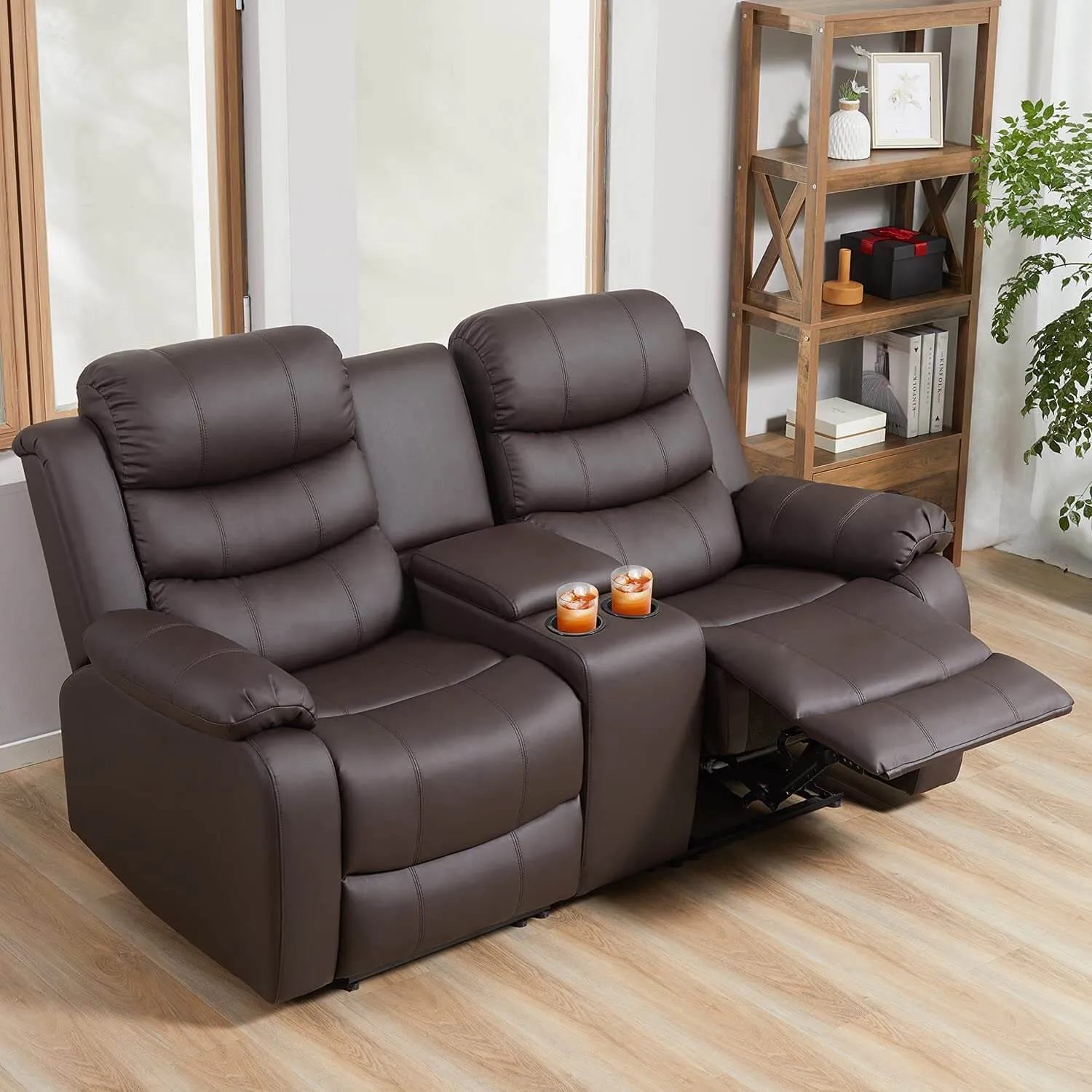 Homrest Manual Reclining Double Loveseat with Storage Console, Brown