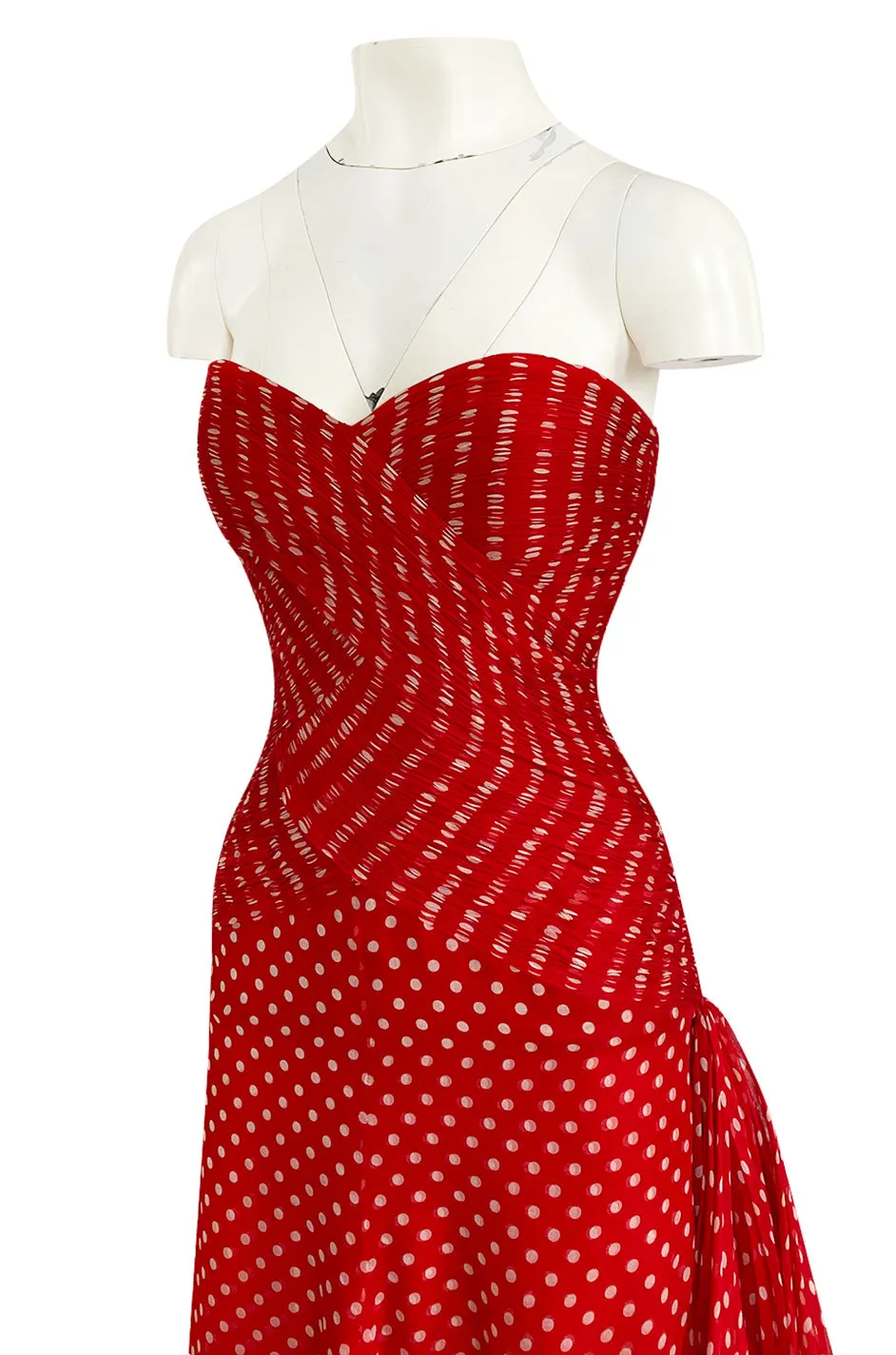 Important Spring 1986 Valentino Haute Couture Red & White Dot Strapless Silk Chiffon Dress