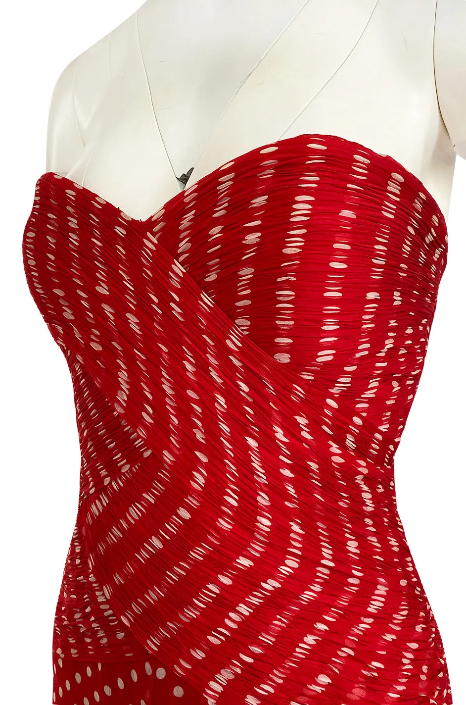 Important Spring 1986 Valentino Haute Couture Red & White Dot Strapless Silk Chiffon Dress