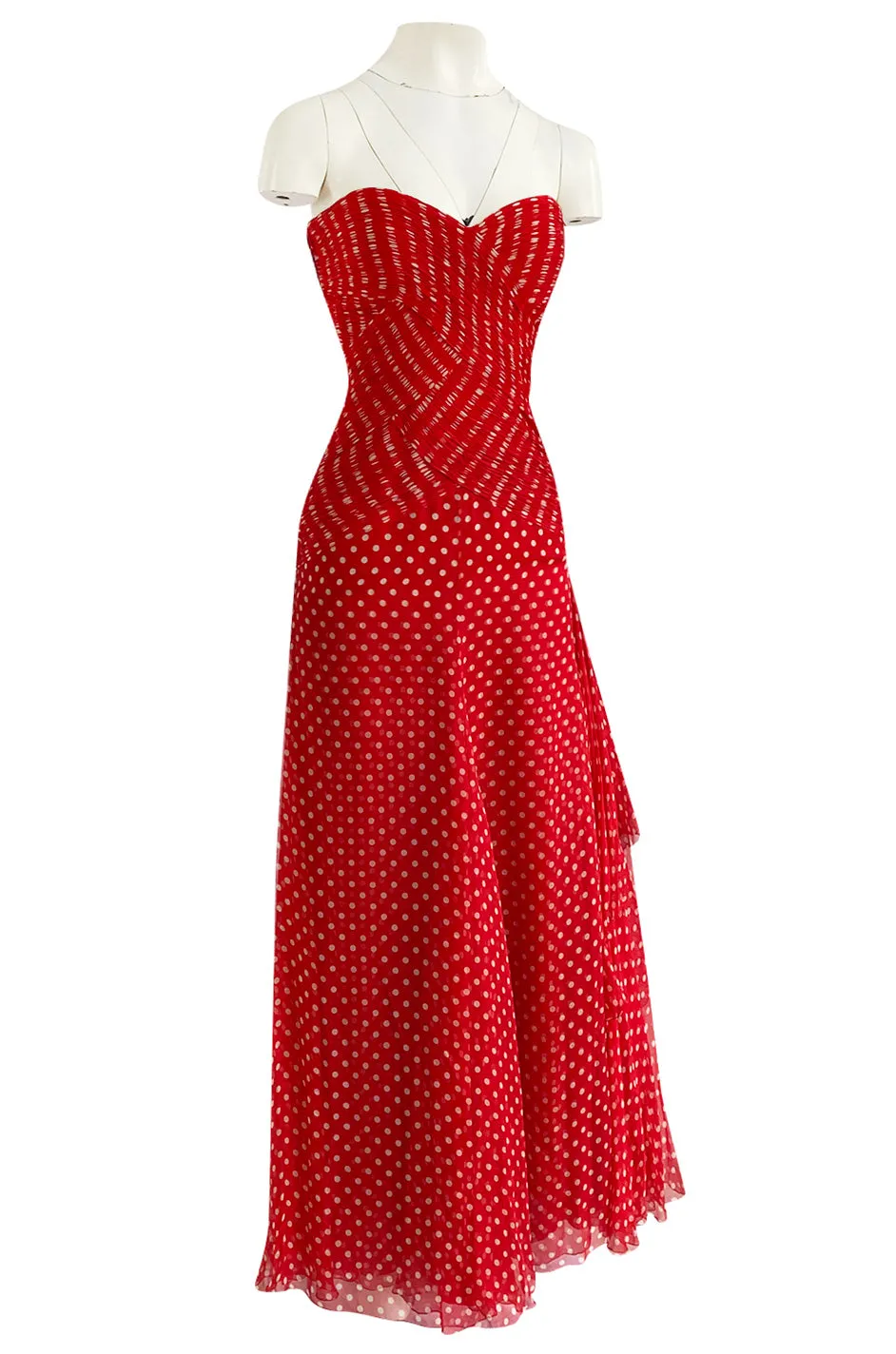 Important Spring 1986 Valentino Haute Couture Red & White Dot Strapless Silk Chiffon Dress