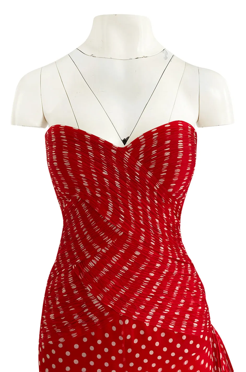 Important Spring 1986 Valentino Haute Couture Red & White Dot Strapless Silk Chiffon Dress