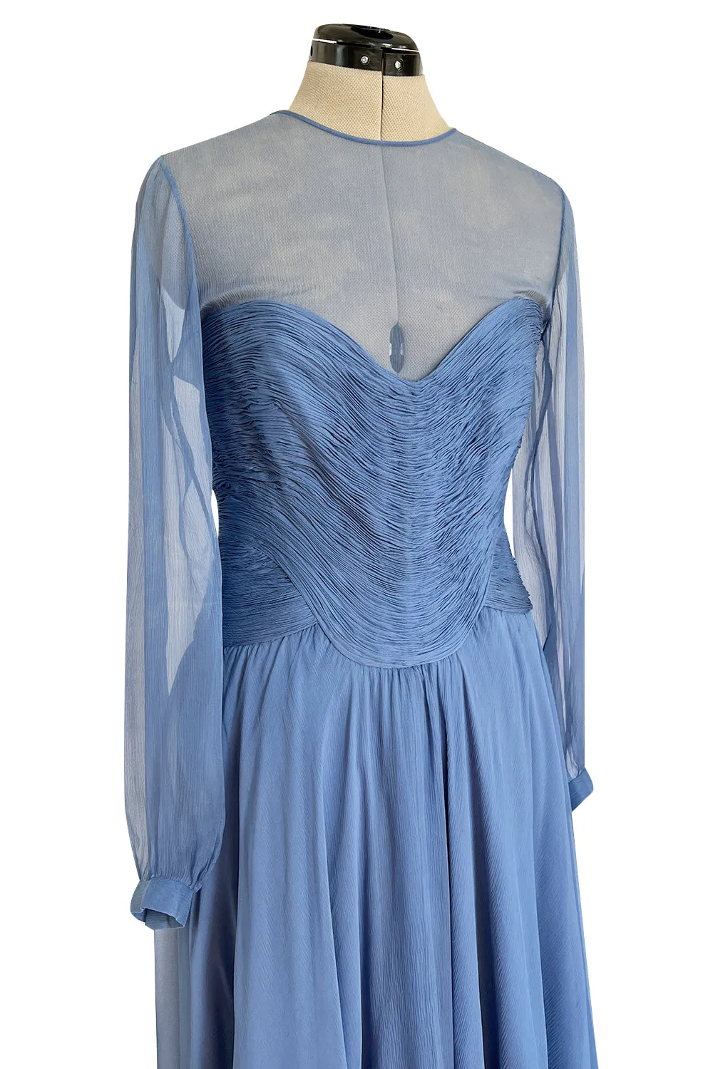 Incredible 1980s Valentino Haute Couture Pale Blue Silk Chiffon Dress w Elaborate Gathered Bodice