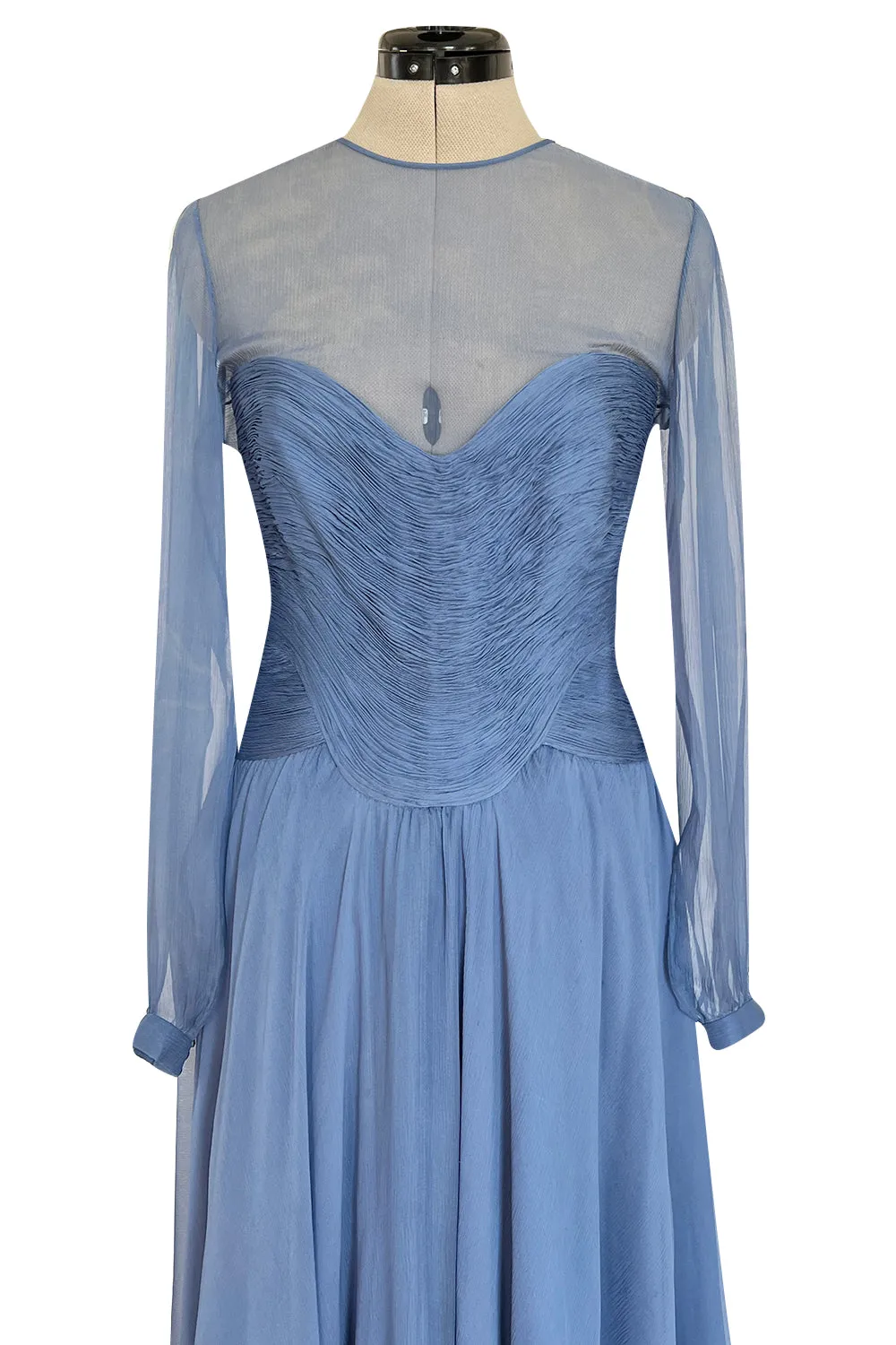 Incredible 1980s Valentino Haute Couture Pale Blue Silk Chiffon Dress w Elaborate Gathered Bodice