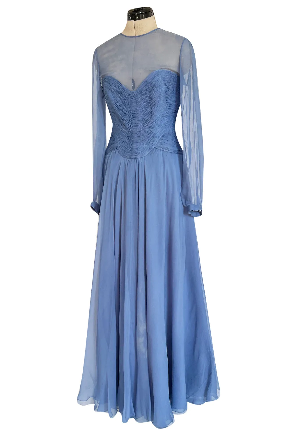 Incredible 1980s Valentino Haute Couture Pale Blue Silk Chiffon Dress w Elaborate Gathered Bodice