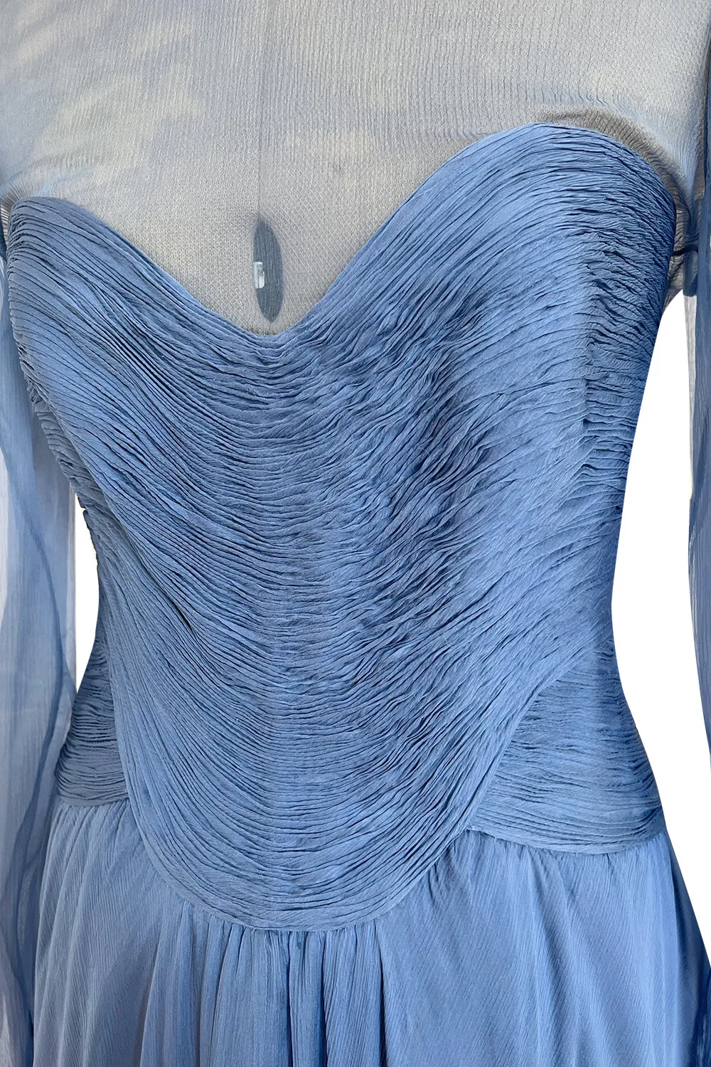 Incredible 1980s Valentino Haute Couture Pale Blue Silk Chiffon Dress w Elaborate Gathered Bodice