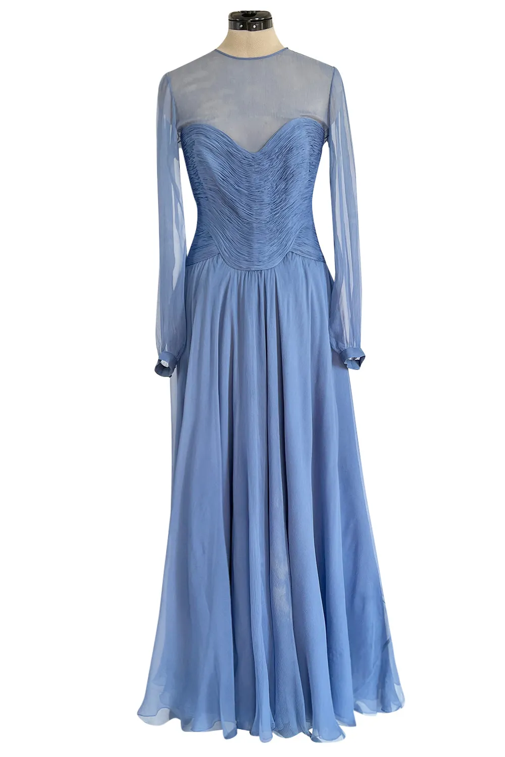 Incredible 1980s Valentino Haute Couture Pale Blue Silk Chiffon Dress w Elaborate Gathered Bodice