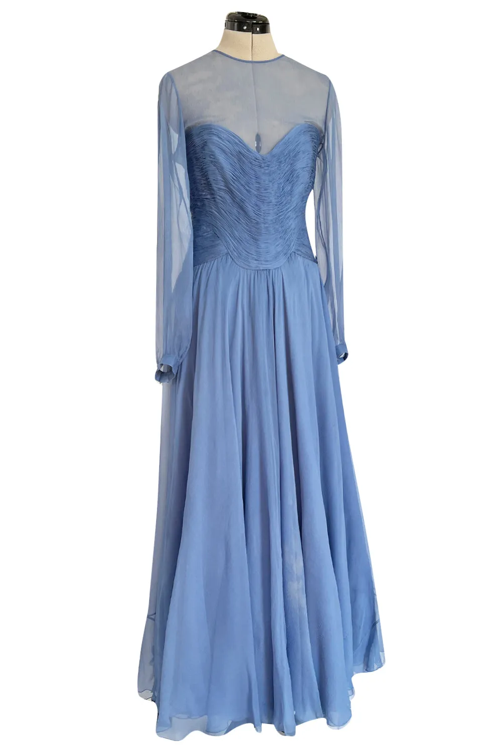 Incredible 1980s Valentino Haute Couture Pale Blue Silk Chiffon Dress w Elaborate Gathered Bodice