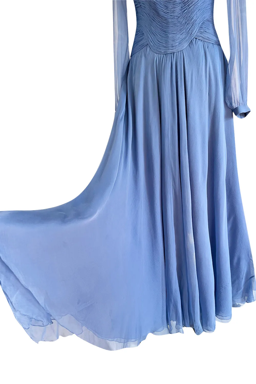 Incredible 1980s Valentino Haute Couture Pale Blue Silk Chiffon Dress w Elaborate Gathered Bodice