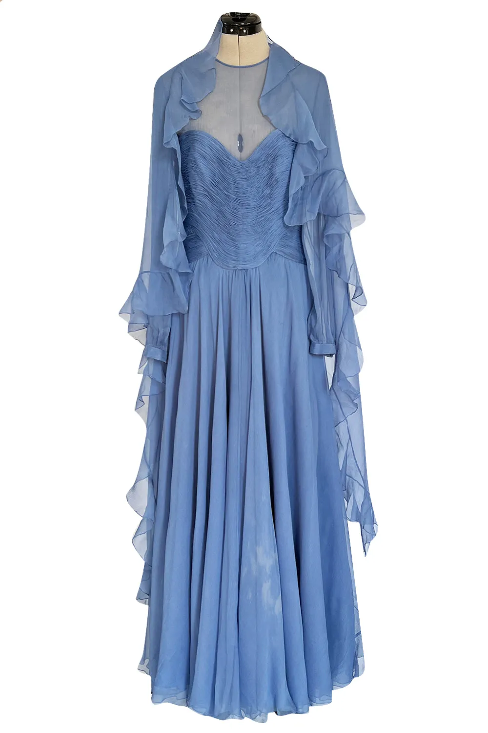 Incredible 1980s Valentino Haute Couture Pale Blue Silk Chiffon Dress w Elaborate Gathered Bodice