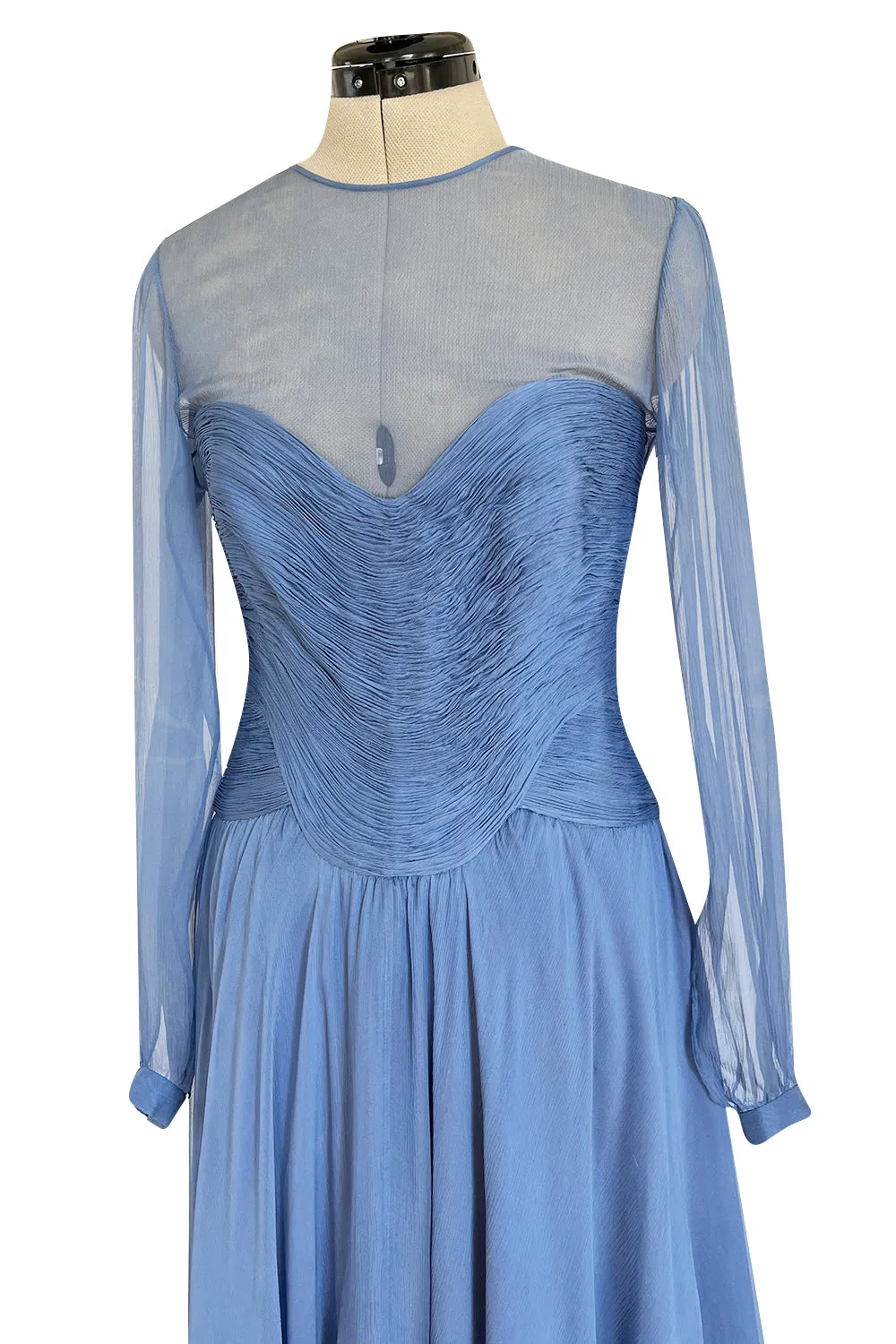 Incredible 1980s Valentino Haute Couture Pale Blue Silk Chiffon Dress w Elaborate Gathered Bodice