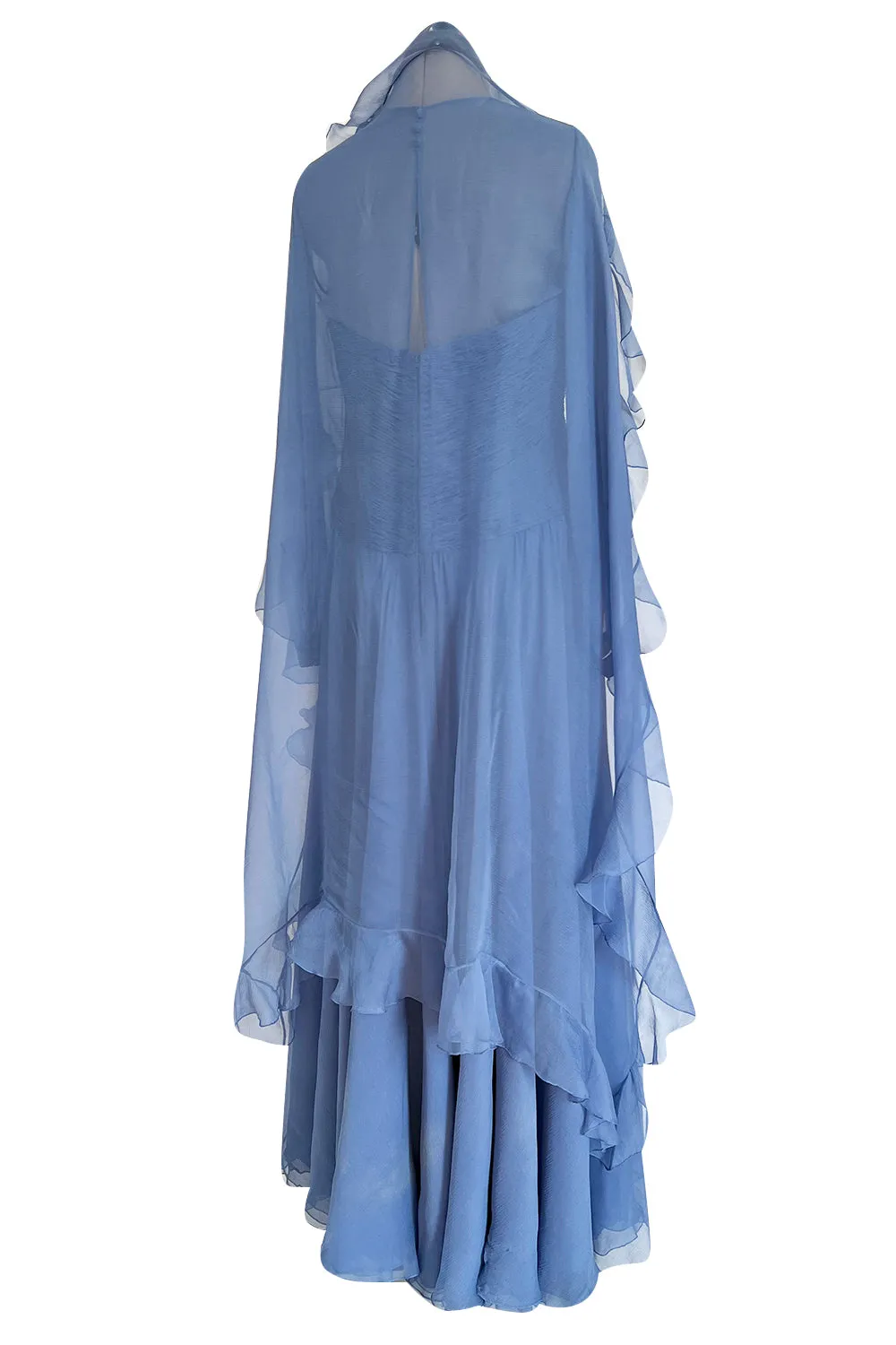 Incredible 1980s Valentino Haute Couture Pale Blue Silk Chiffon Dress w Elaborate Gathered Bodice