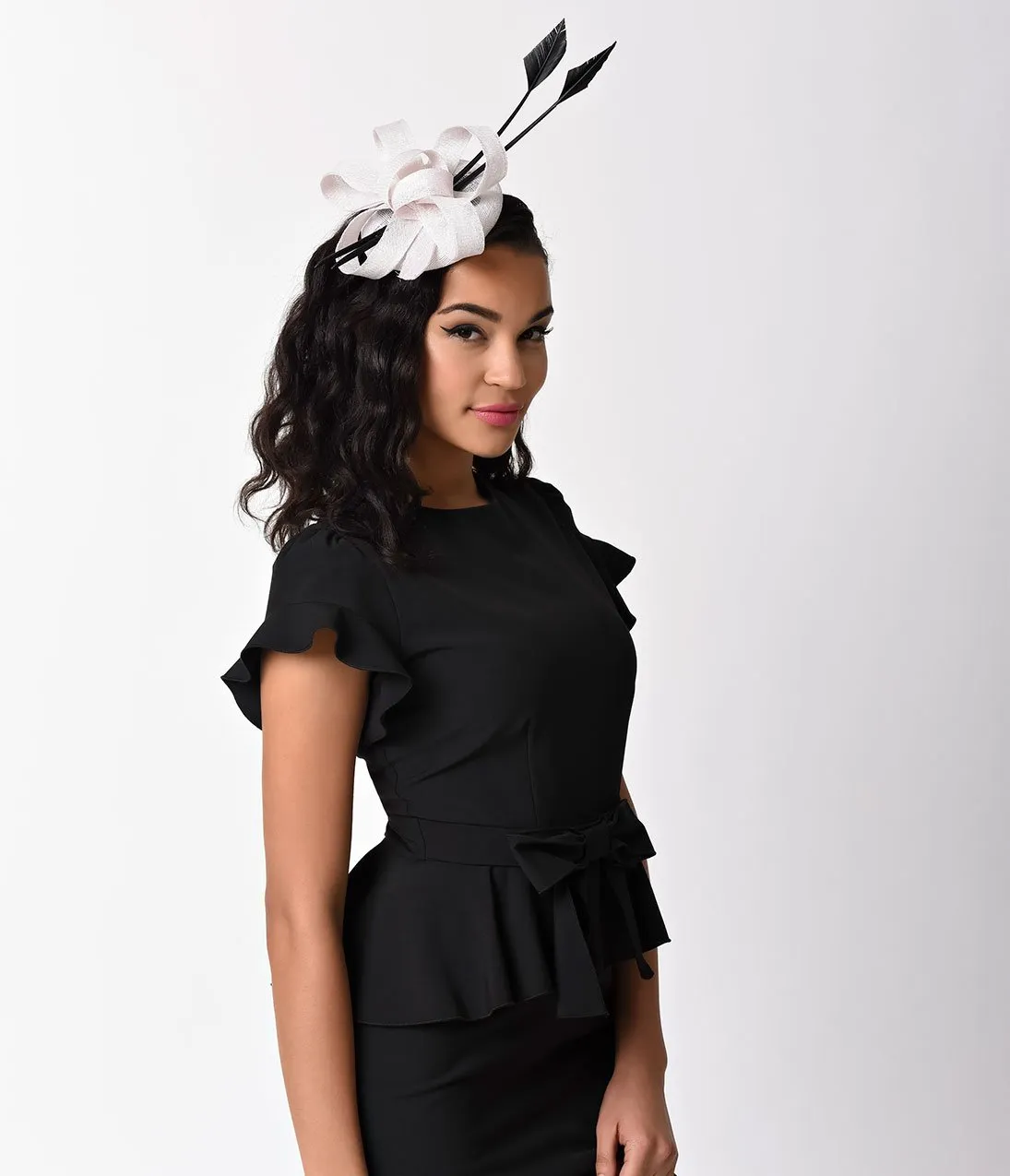 Ivory & Black Sinamay Tall Feather Fascinator Headband Hat