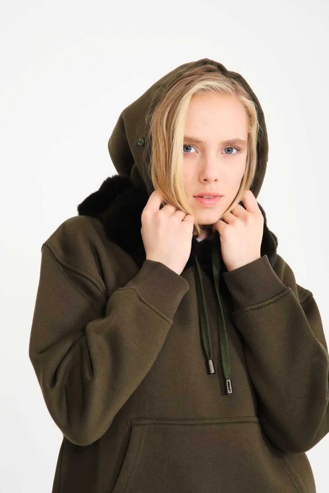 Khaki Chinchilla Fur Lined Hoodie