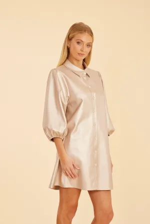 Metallic Faux Leather Puff Sleeve Dress