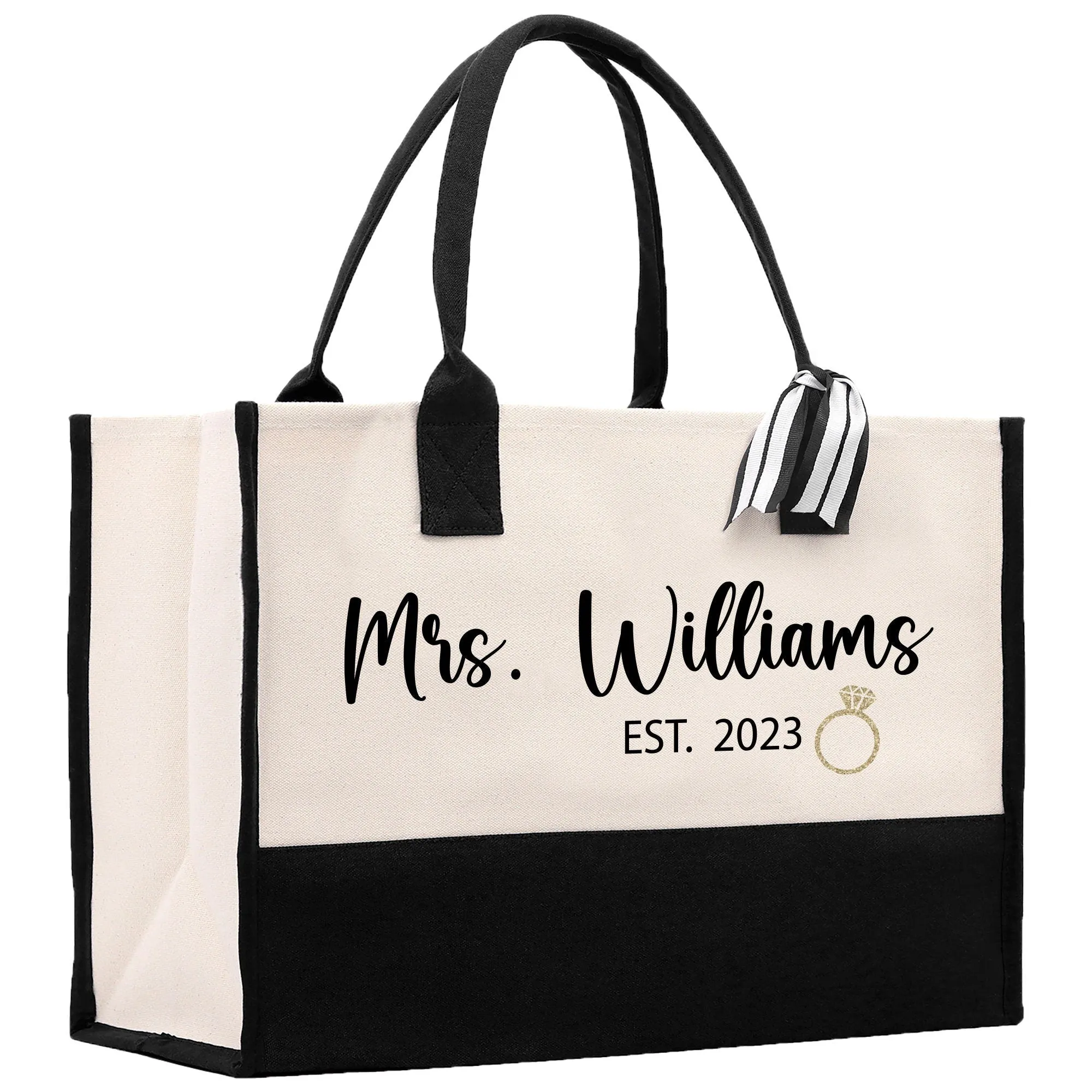 Mrs Name Est Bride Est Year Tote Bag Personalized Date Wedding Tote Bridal Shower Gift Honeymoon Gift Customize Wedding Gift Bridesmaid Gift