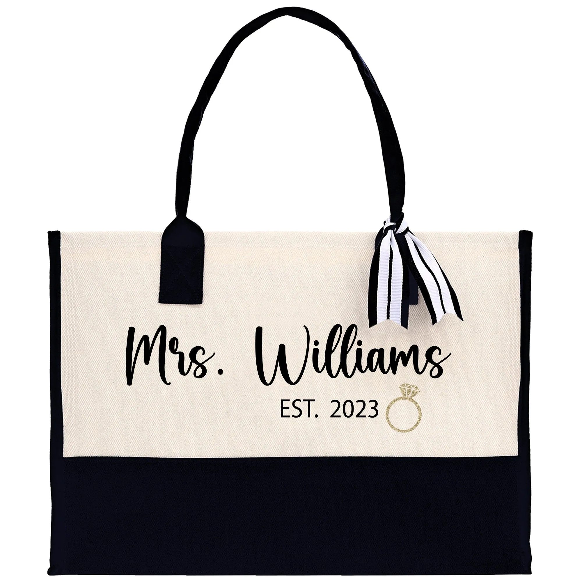 Mrs Name Est Bride Est Year Tote Bag Personalized Date Wedding Tote Bridal Shower Gift Honeymoon Gift Customize Wedding Gift Bridesmaid Gift