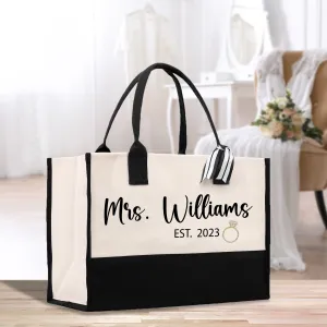 Mrs Name Est Bride Est Year Tote Bag Personalized Date Wedding Tote Bridal Shower Gift Honeymoon Gift Customize Wedding Gift Bridesmaid Gift