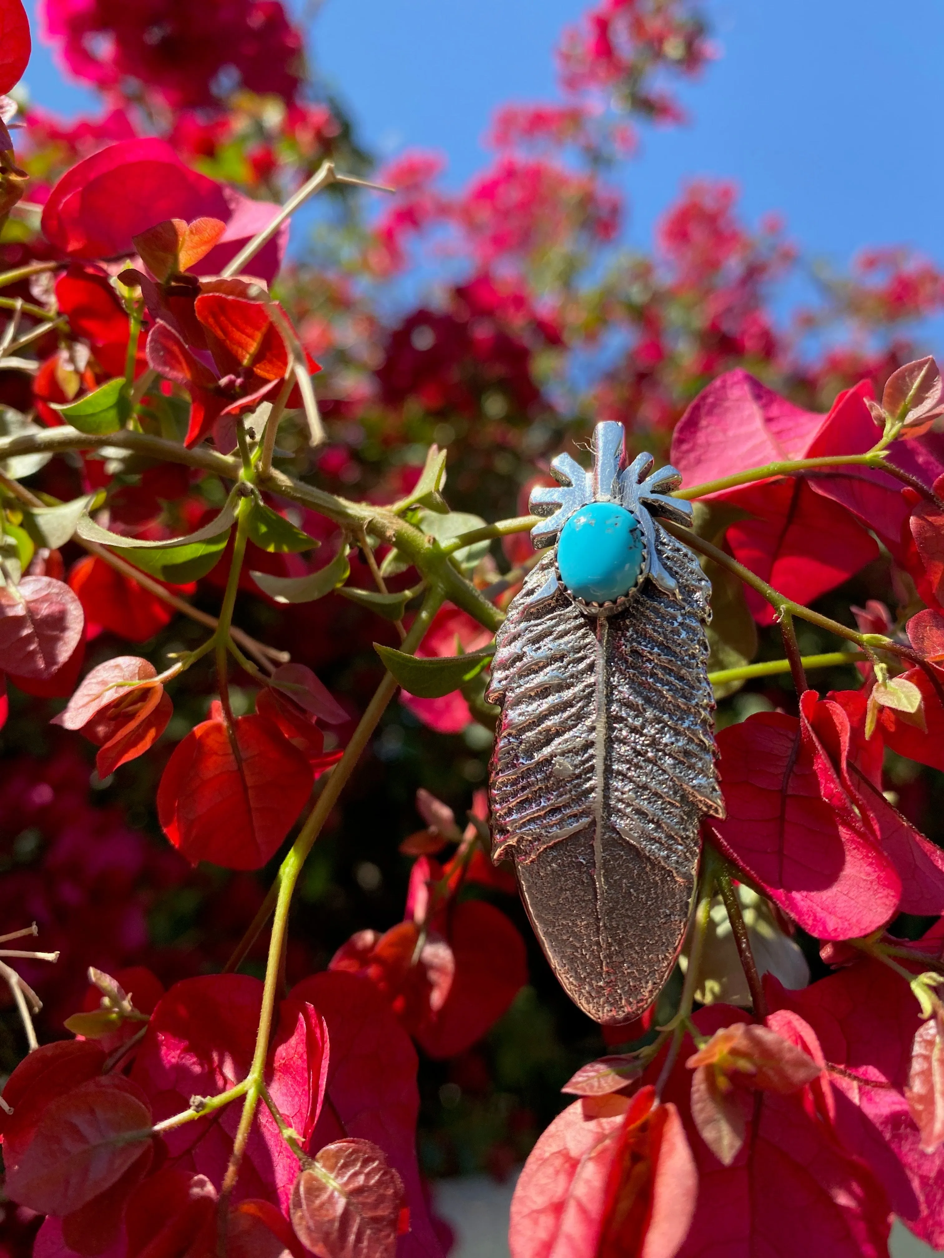 Navajo Silver Sleeping Beauty Turquoise Feather Pendant