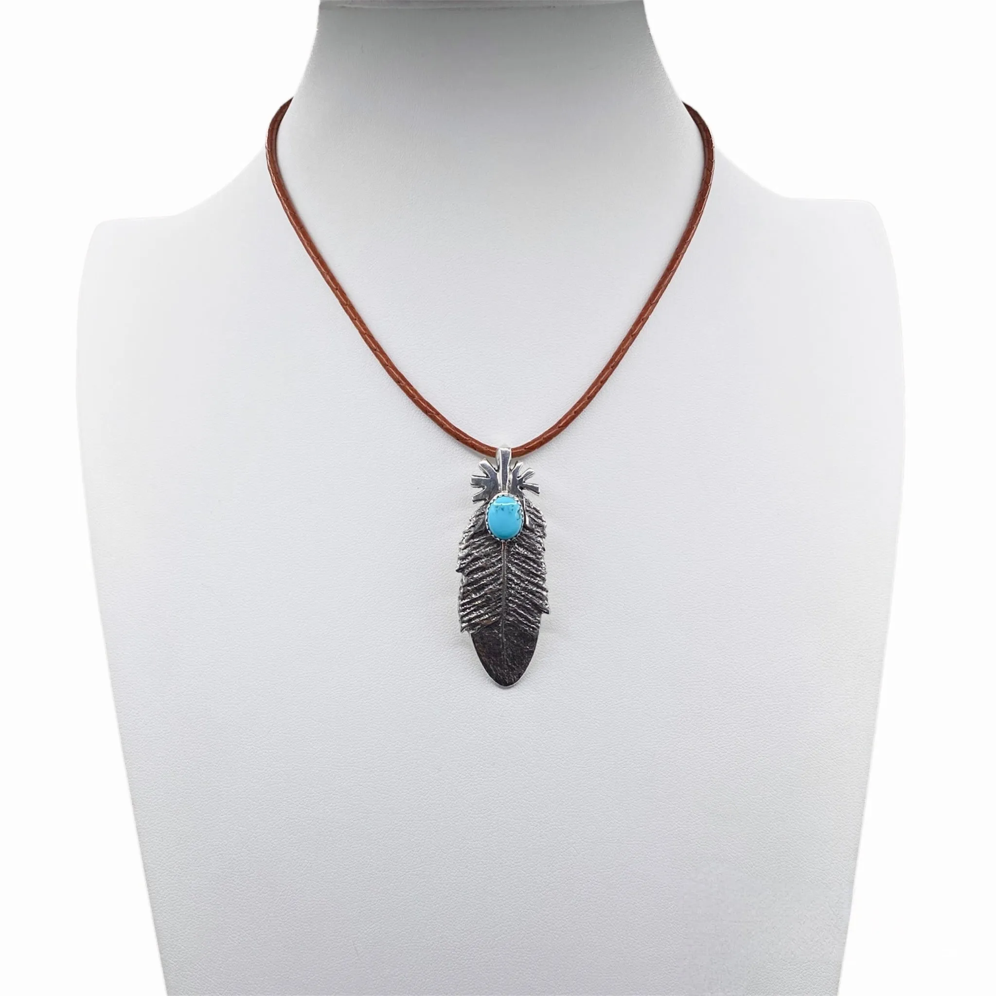 Navajo Silver Sleeping Beauty Turquoise Feather Pendant