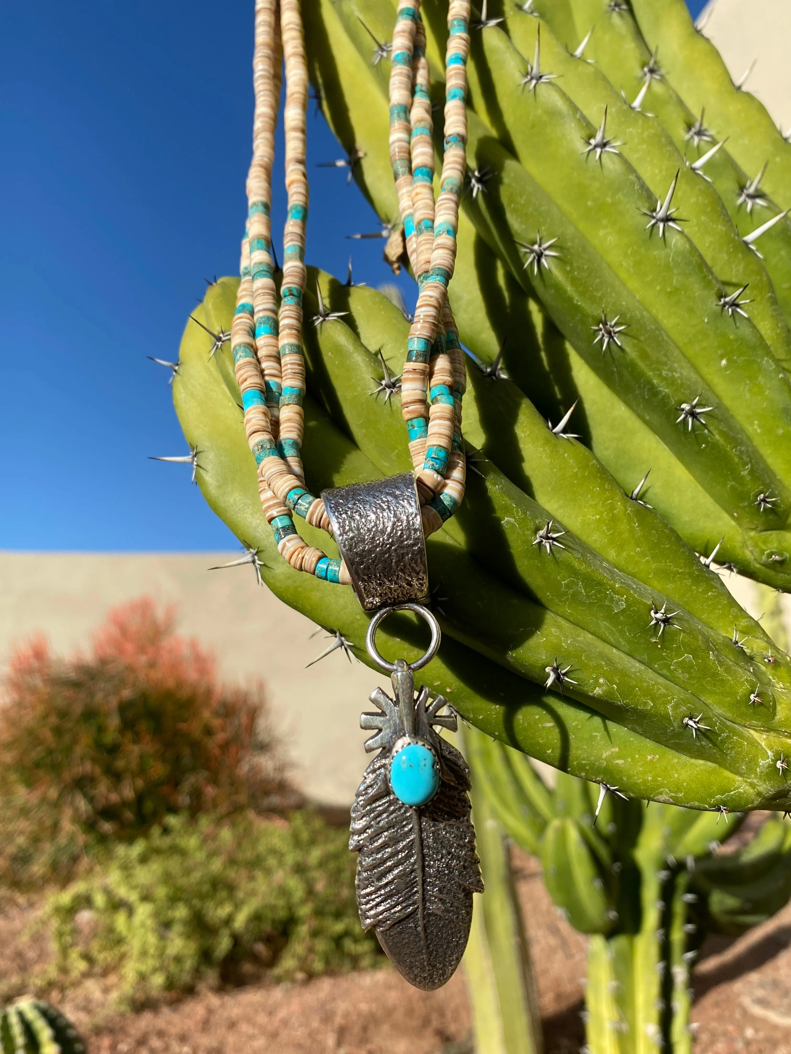 Navajo Silver Sleeping Beauty Turquoise Feather Pendant