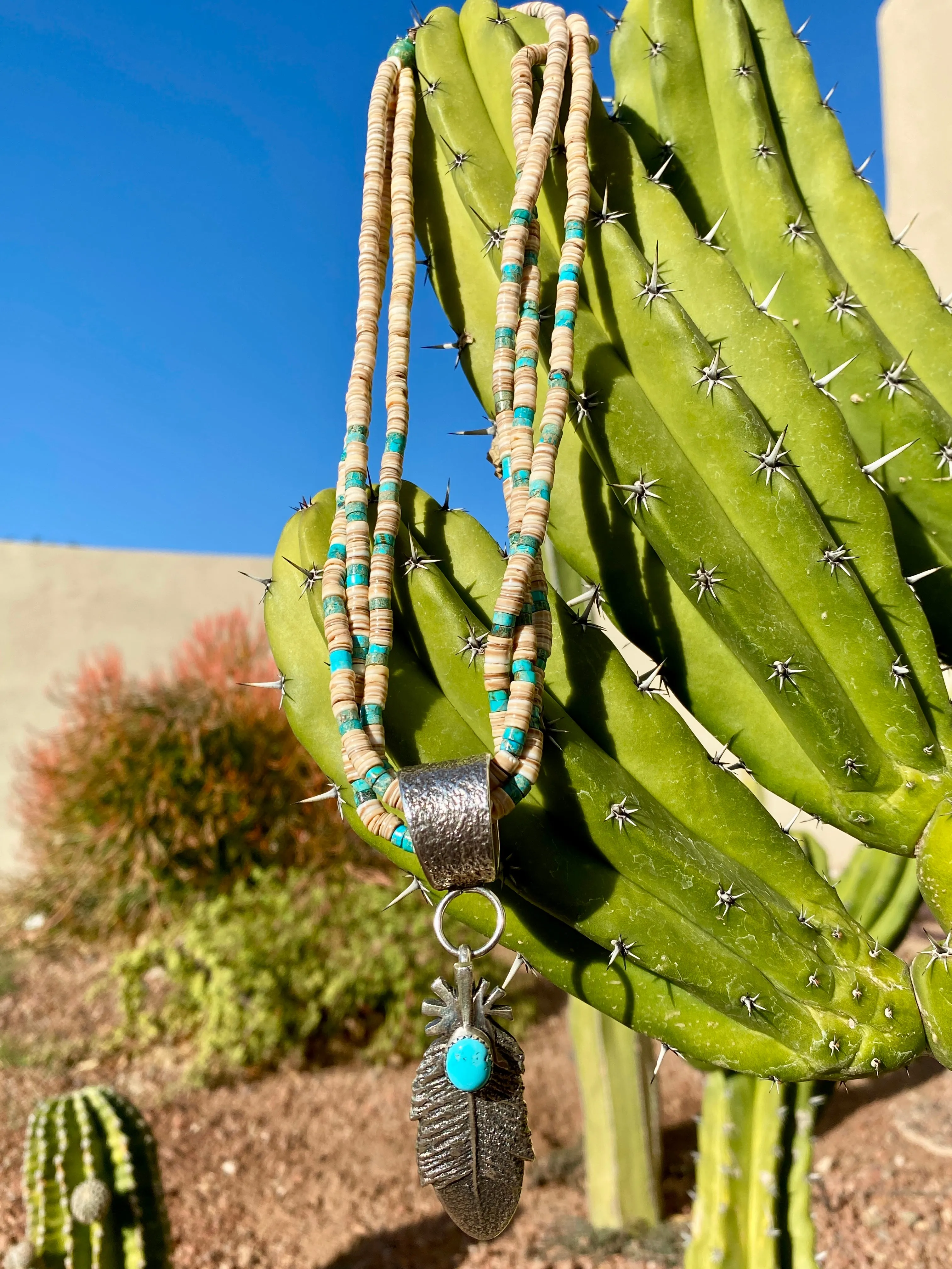 Navajo Silver Sleeping Beauty Turquoise Feather Pendant